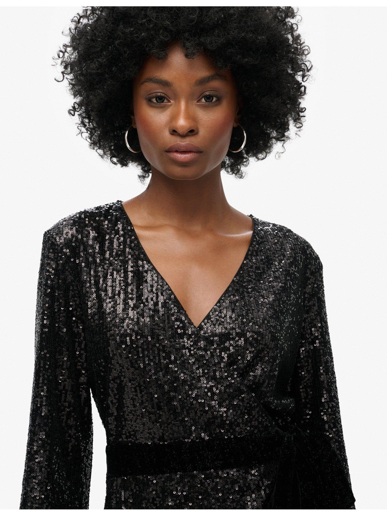 Image 5 of 6 of Superdry Sequin Velvet Wrap Mini Dress - Black