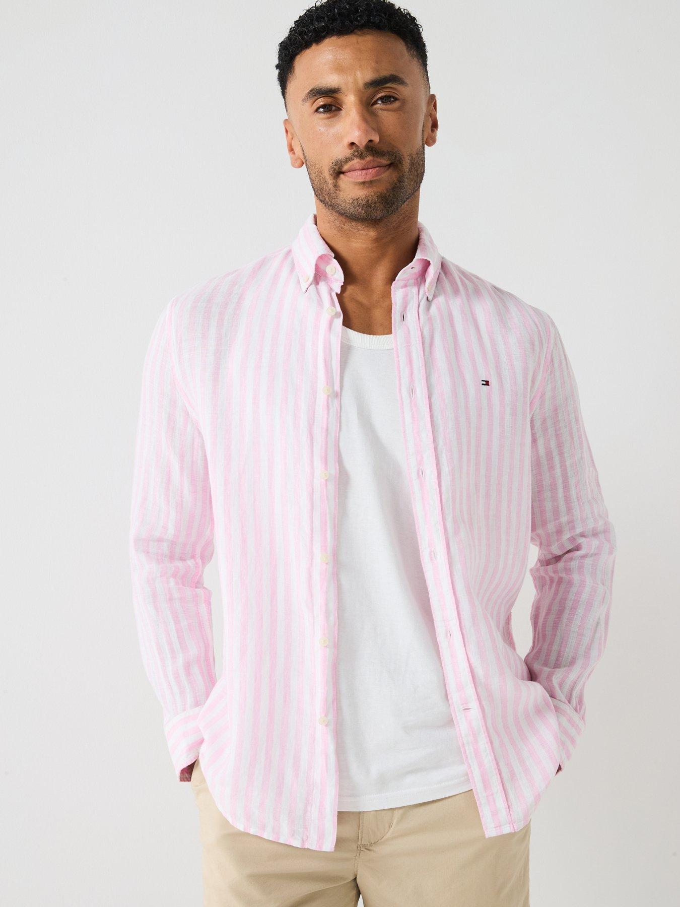 undefined Regular Fit Essential Stripe Linen Shirt - Pink
