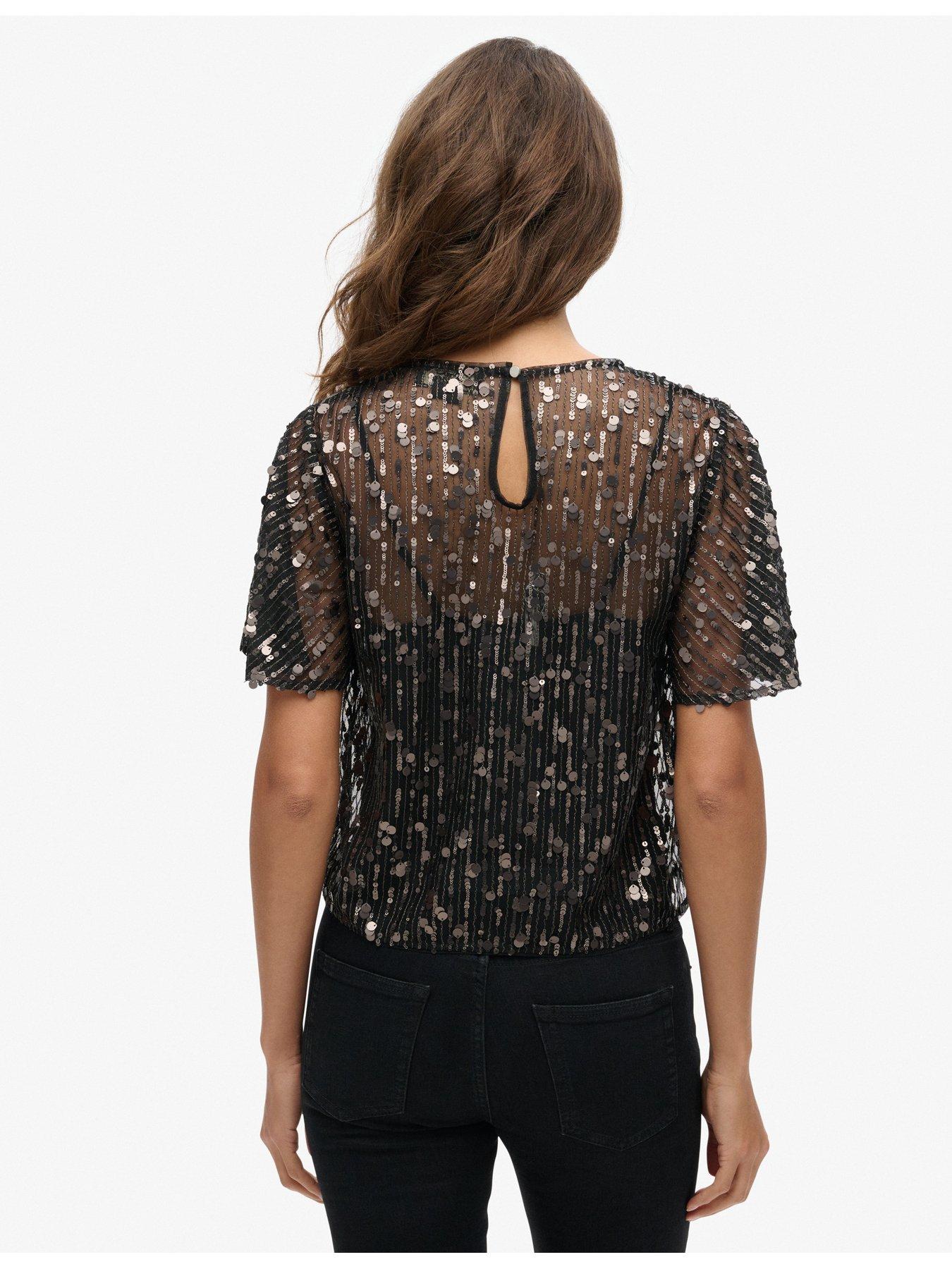 Image 2 of 5 of Superdry Sheer Short Sleeve Sequin Top - Black