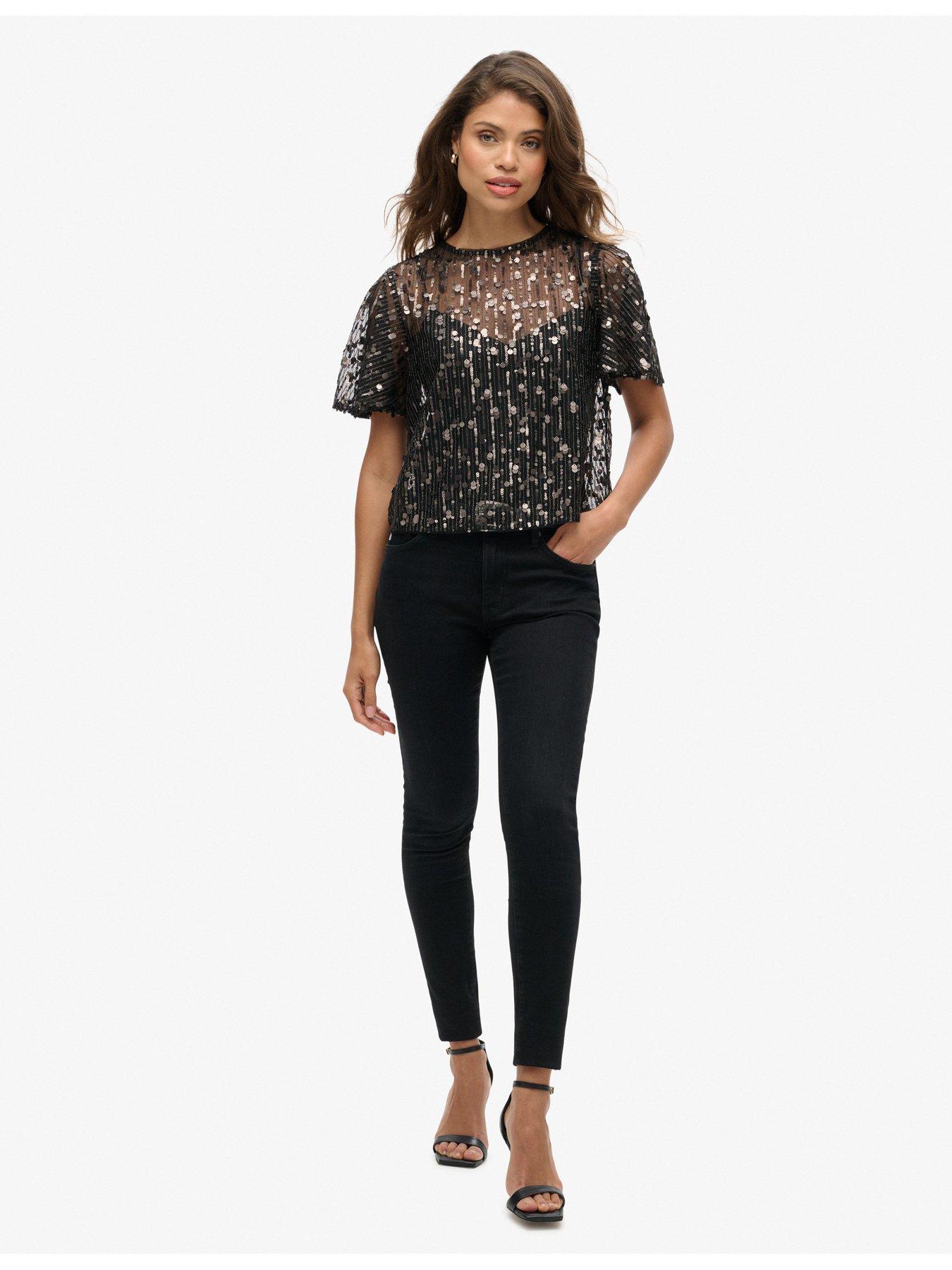 Image 3 of 5 of Superdry Sheer Short Sleeve Sequin Top - Black