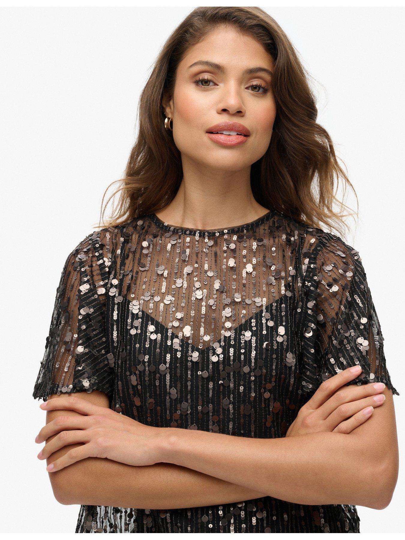 Image 4 of 5 of Superdry Sheer Short Sleeve Sequin Top - Black