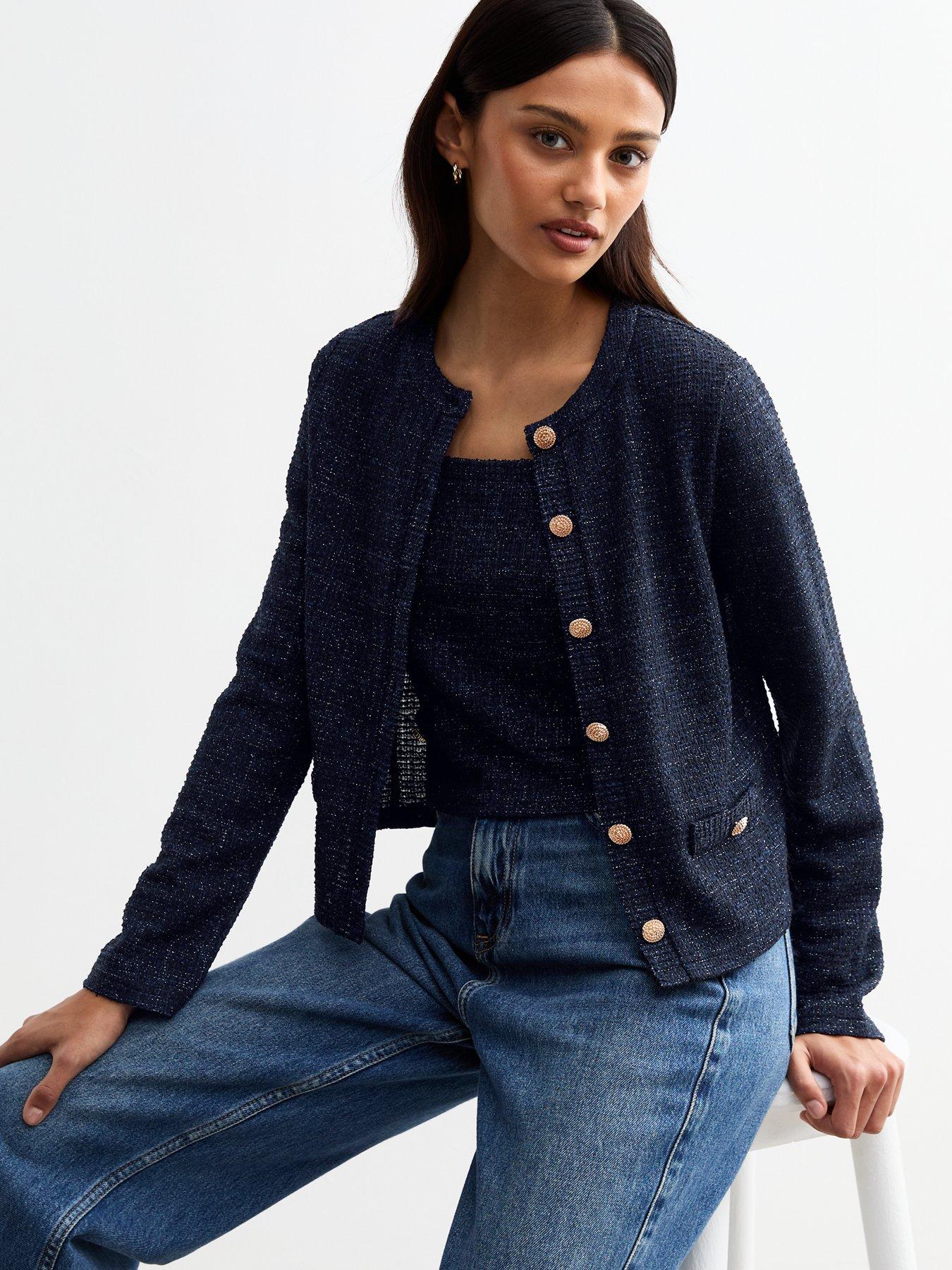 undefined Navy Sparkle Textured Button Detail Cardigan