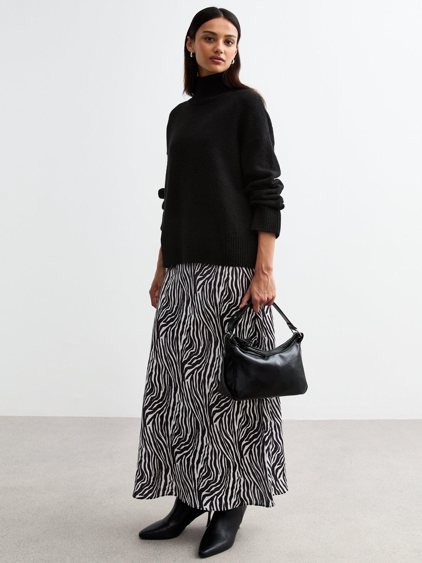 undefined Zebra Bias Cut Satin Midi Skirt - Black/White