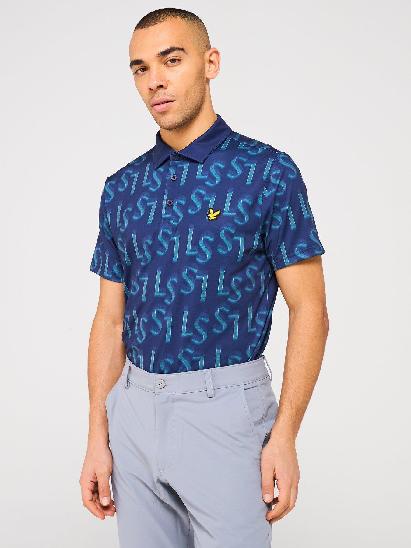 undefined Men's Long Sleeve Monogram Printed Polo Shirt- Blue