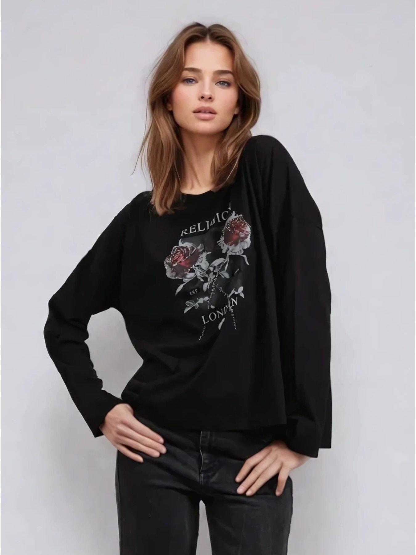 undefined Long Sleeve Flush T-Shirt With Floret Roses - Black