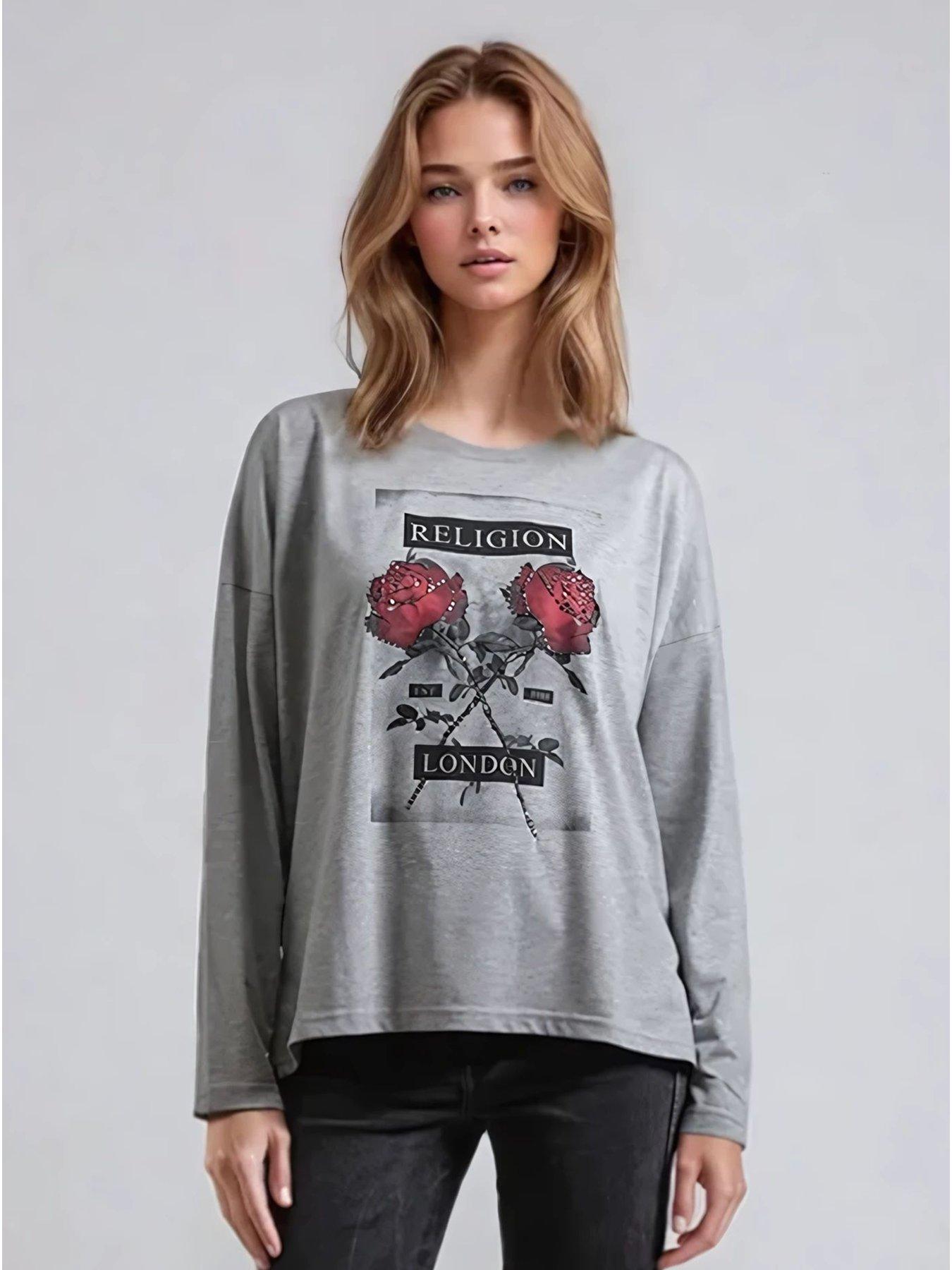 Image 1 of 5 of Religion Long Sleeve Flush T-Shirt With Floret Roses - Grey