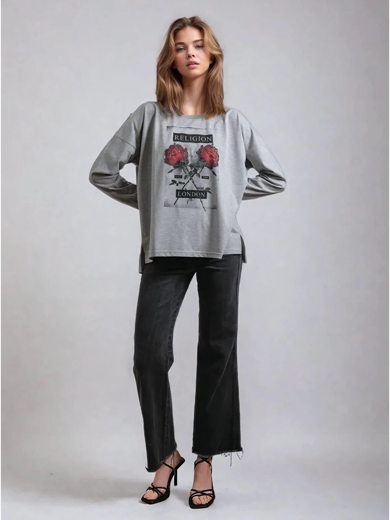 Image 3 of 5 of Religion Long Sleeve Flush T-Shirt With Floret Roses - Grey