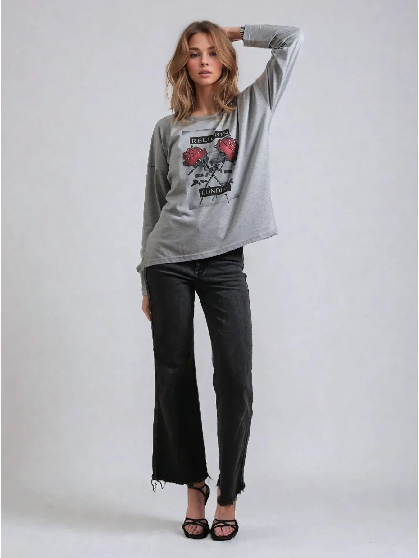 Image 4 of 5 of Religion Long Sleeve Flush T-Shirt With Floret Roses - Grey