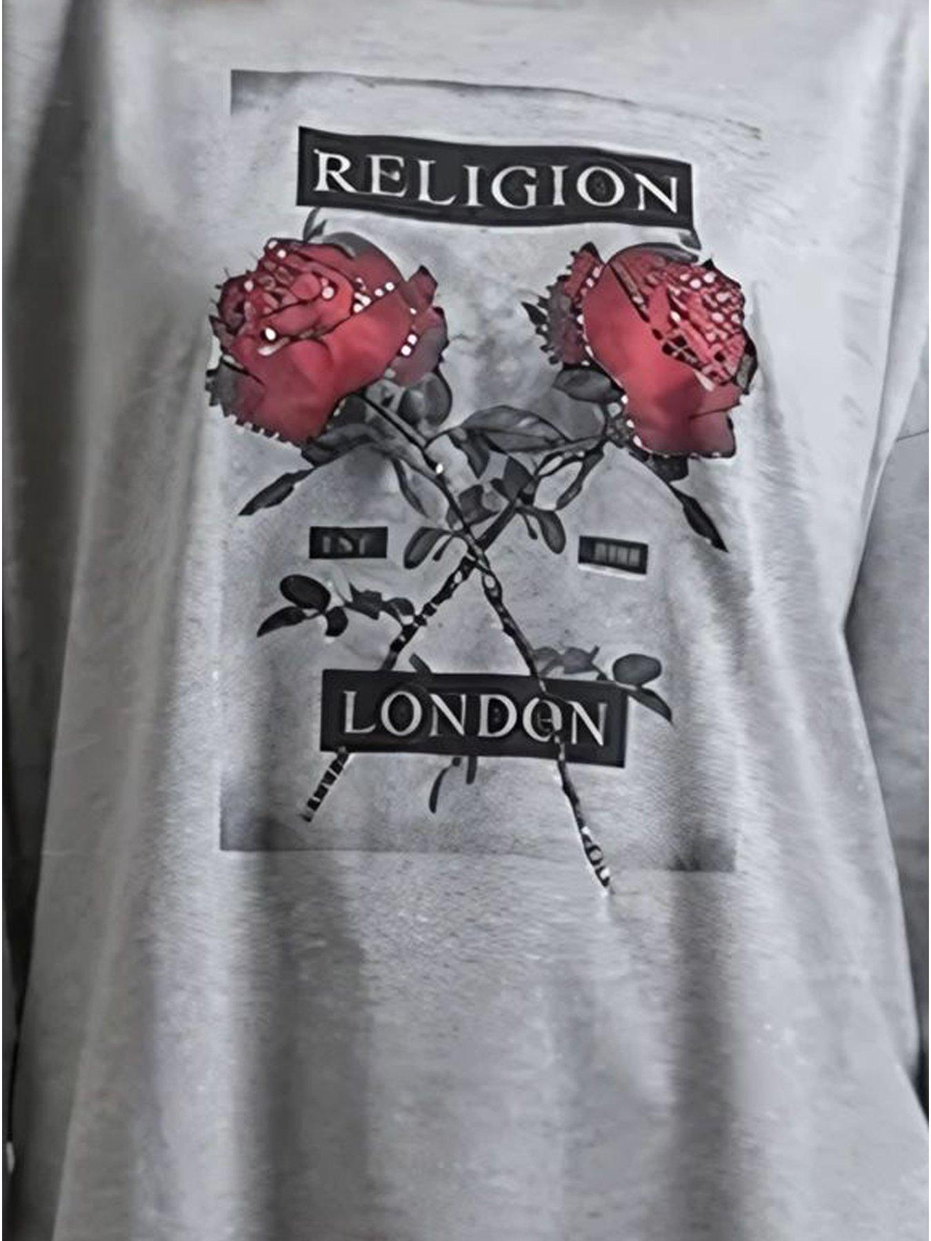 Image 5 of 5 of Religion Long Sleeve Flush T-Shirt With Floret Roses - Grey