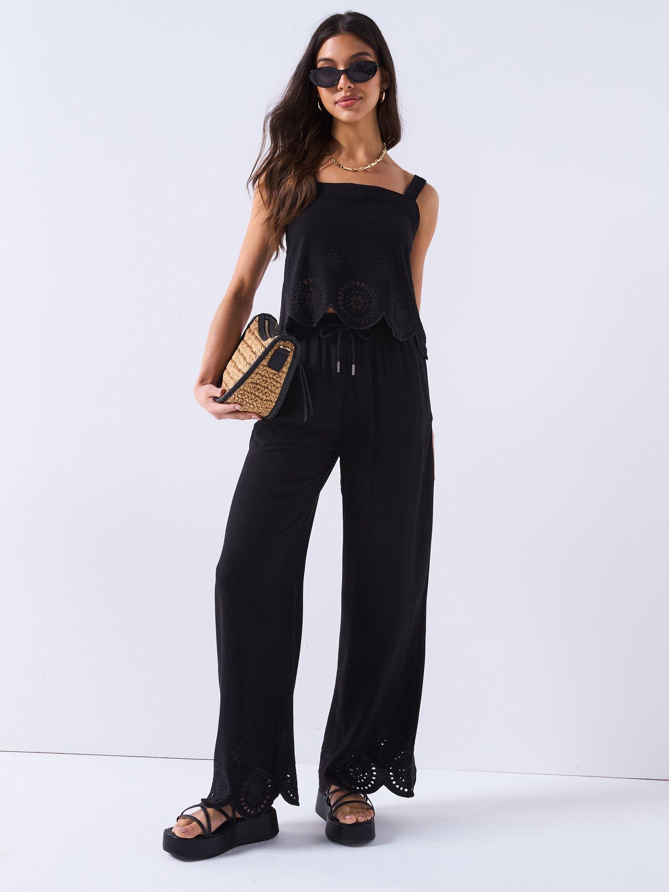 V by Very Linen Blend Trousers with Embroidery Detail - Black