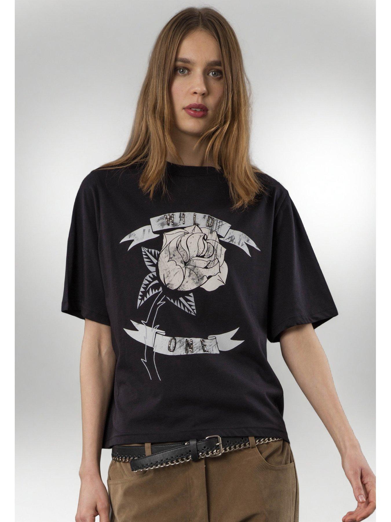 undefined Relaxed Fitted Elegance Graphic T-Shirt With Rose - Black