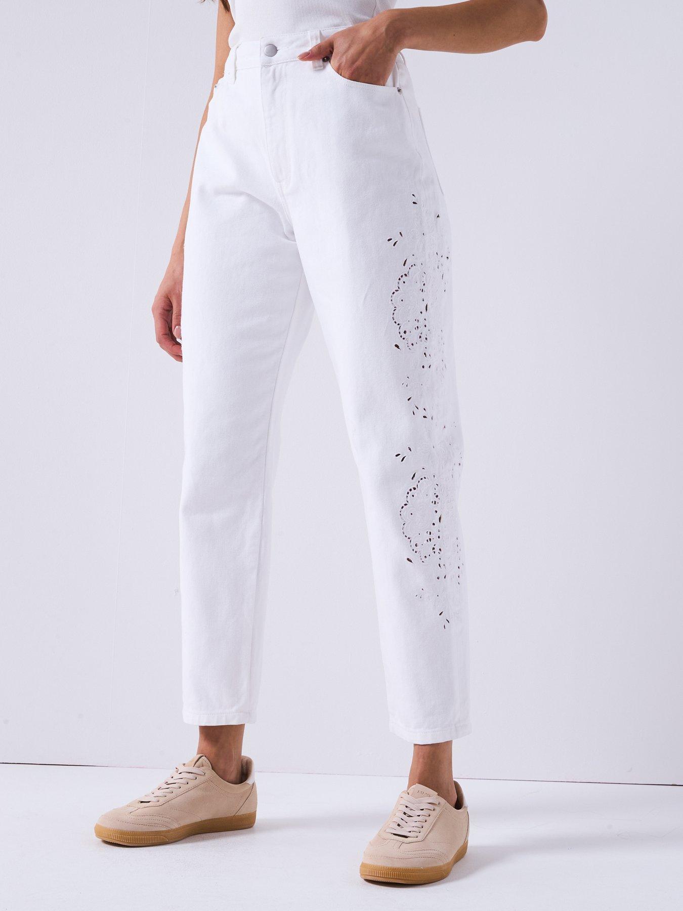 undefined High Waist Mom Jean With Embroidery - White