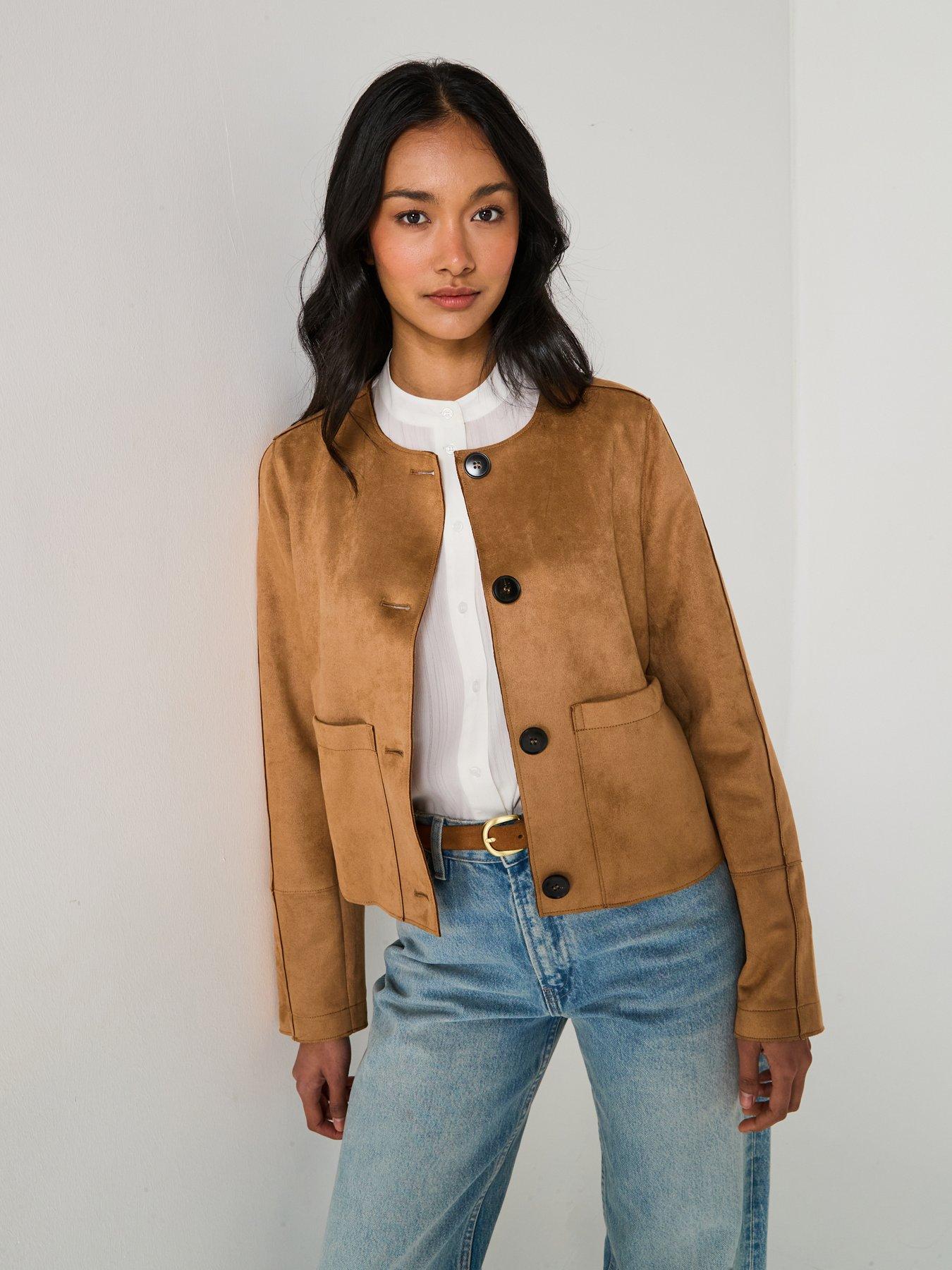 Image 1 of 6 of V by Very Collarless Faux Suede Jacket - Brown