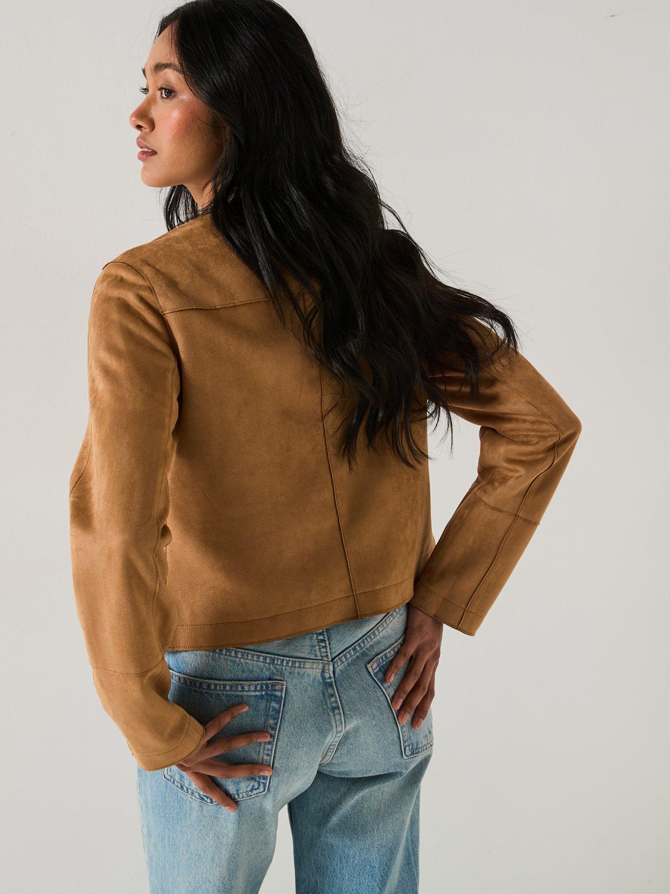 Image 2 of 6 of V by Very Collarless Faux Suede Jacket - Brown