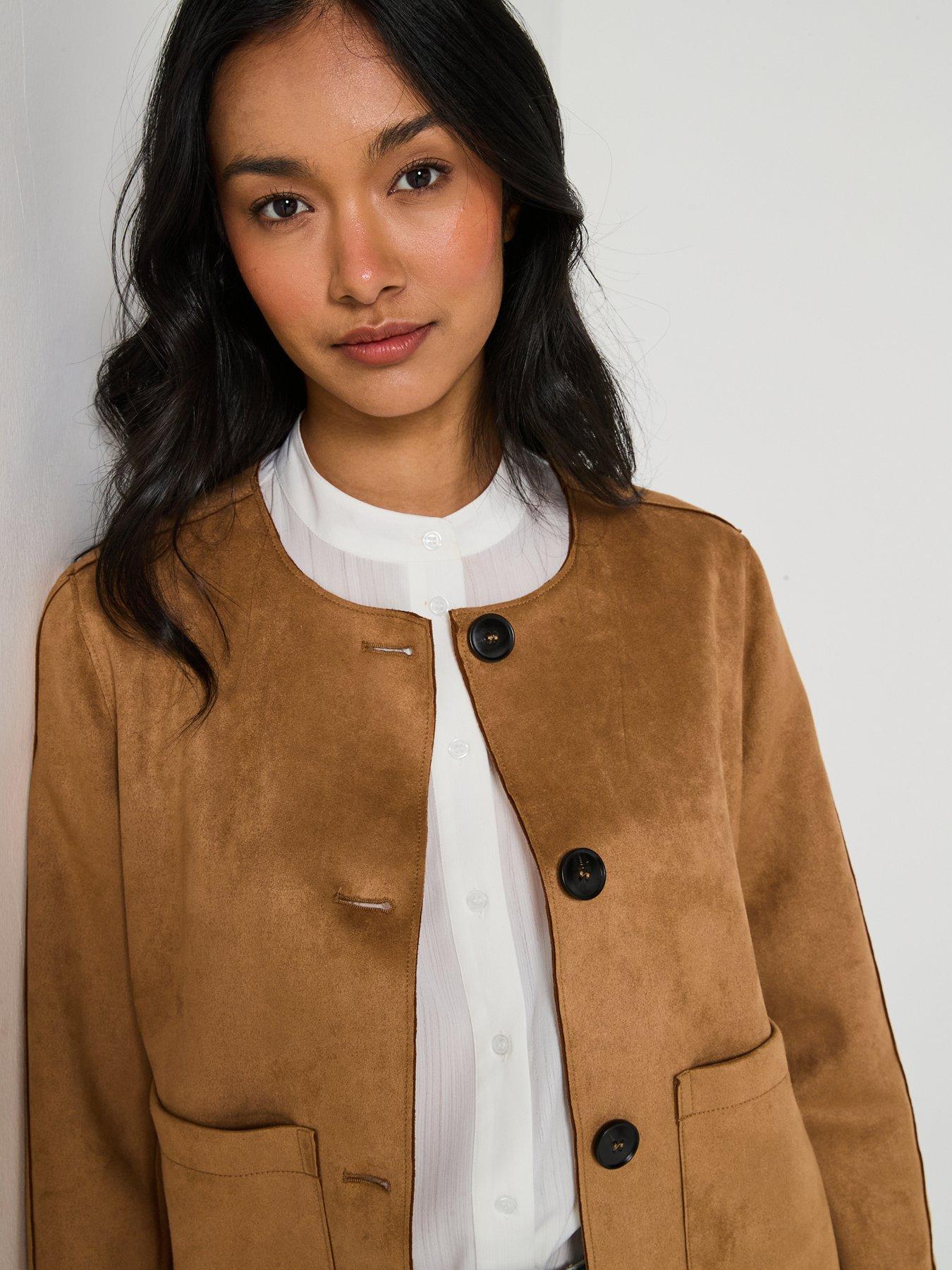 Image 4 of 6 of V by Very Collarless Faux Suede Jacket - Brown