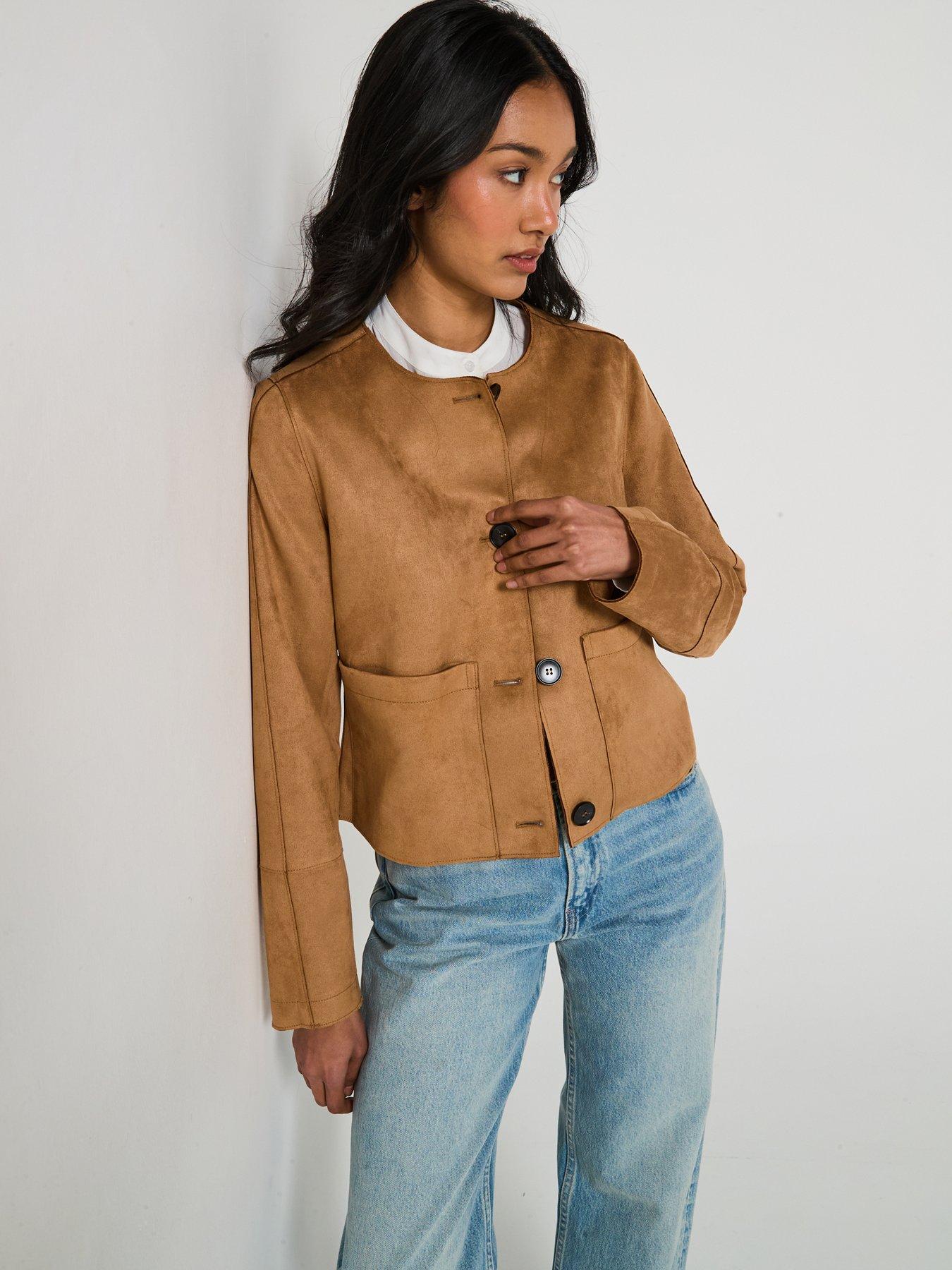 Image 6 of 6 of V by Very Collarless Faux Suede Jacket - Brown