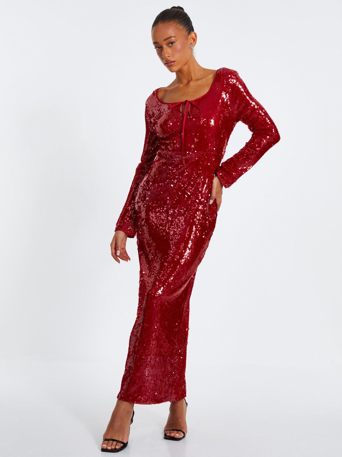 Quiz Red Sequin Tie Front Maxi Dress