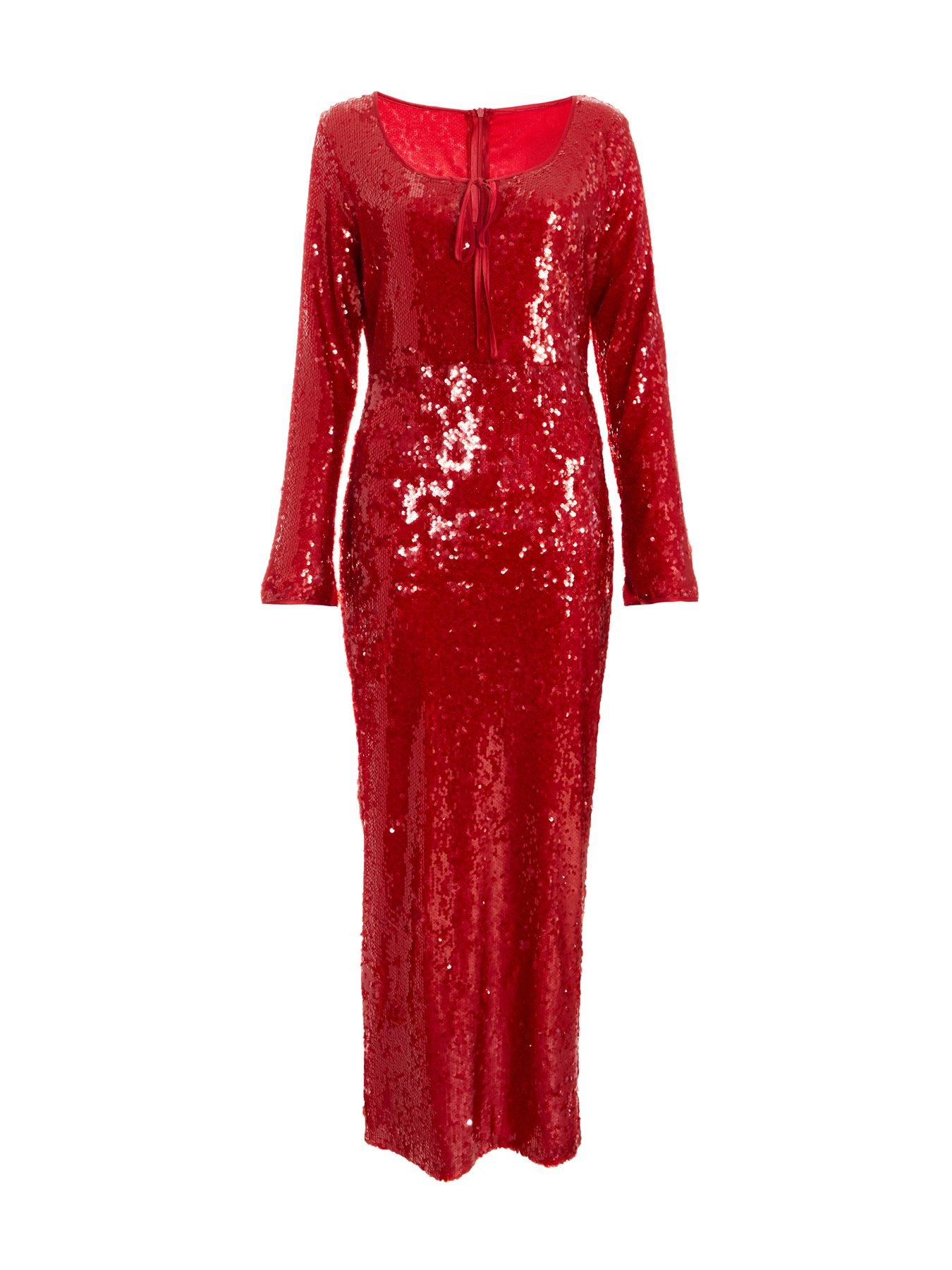 Quiz Red Sequin Tie Front Maxi Dress | Very