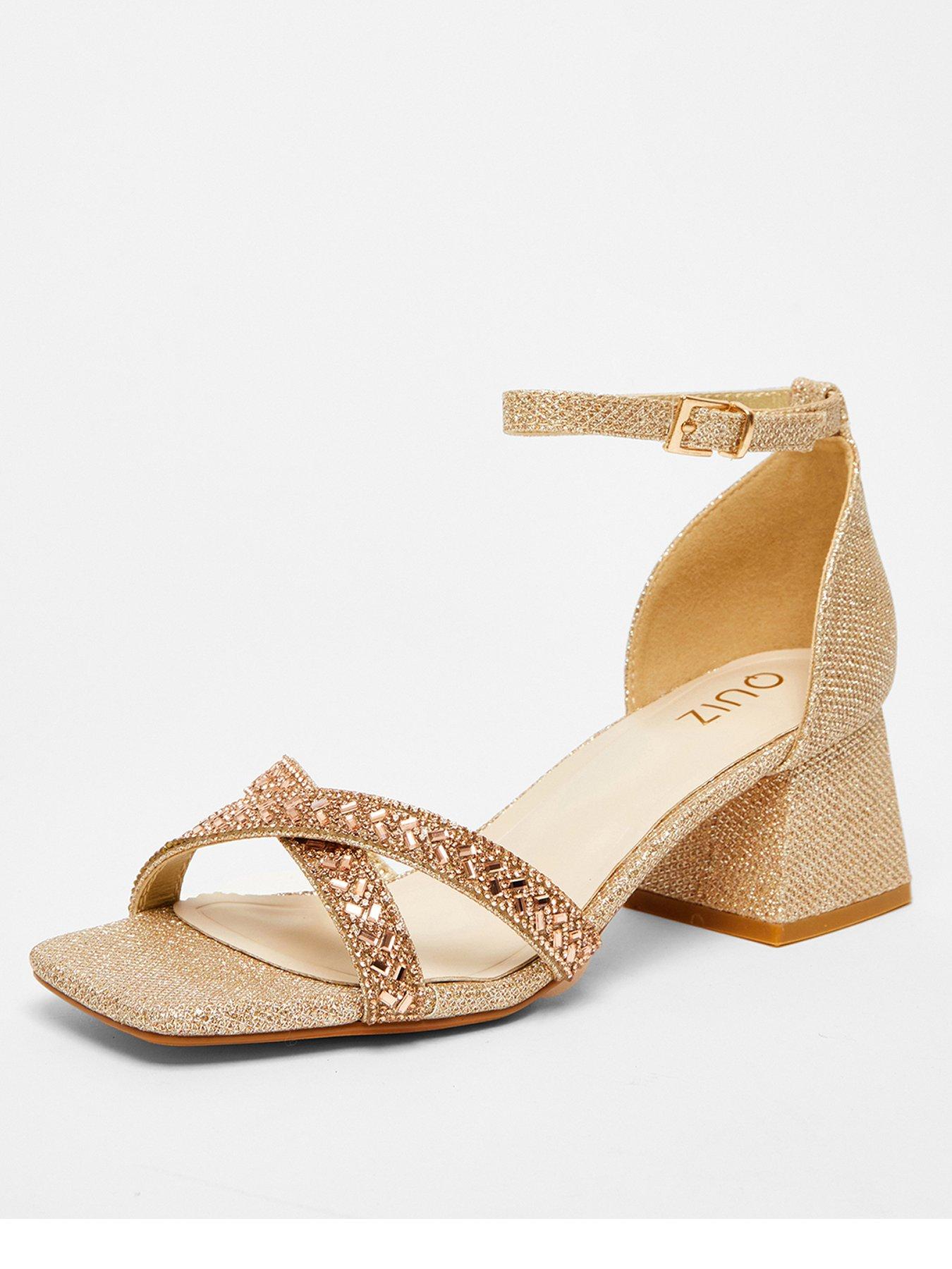 Quiz Gold Satin Diamante Low Block Heels Very