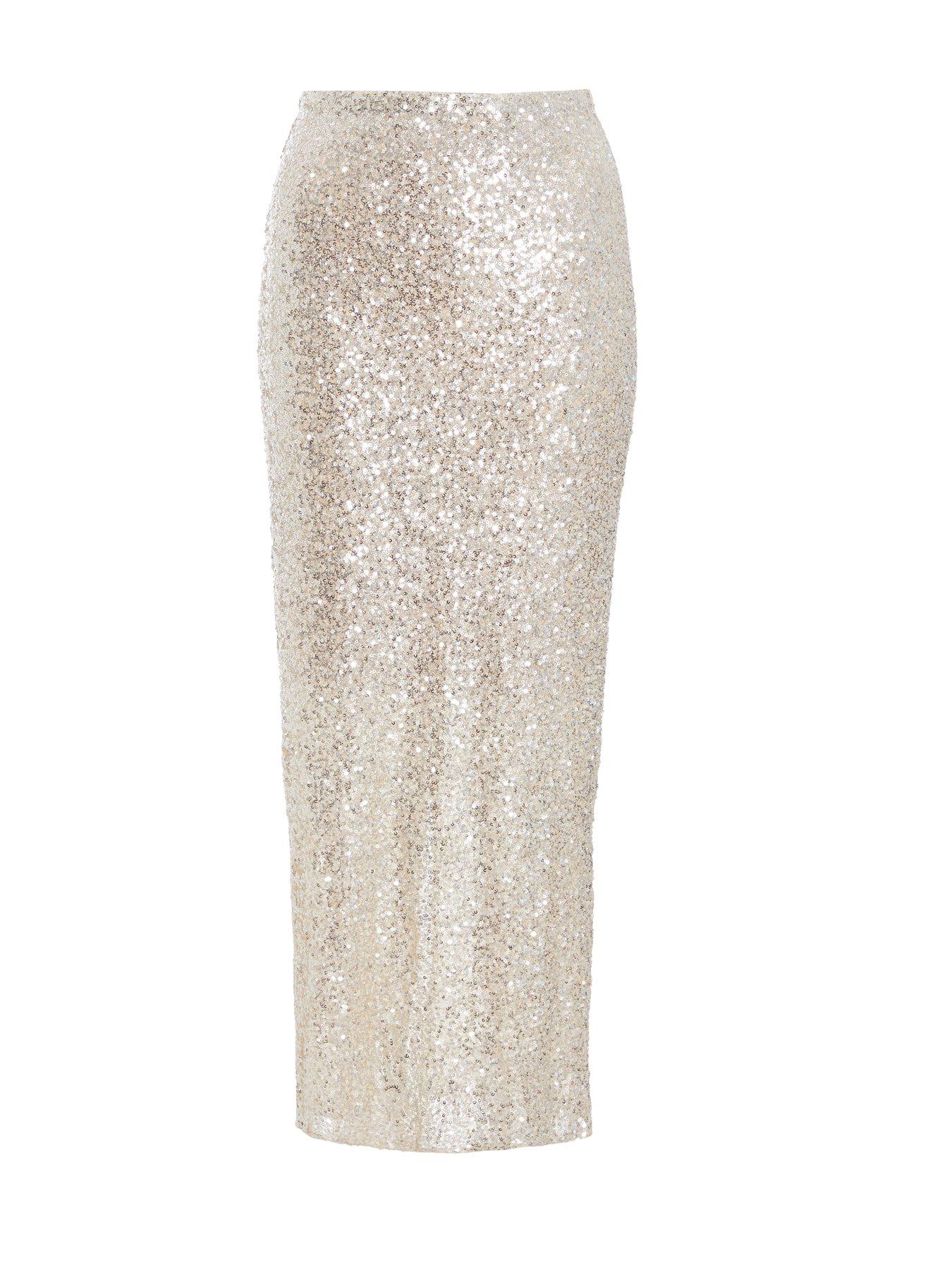 Champagne Shine High-Waist Contrast Sequin Maxi Skirt”