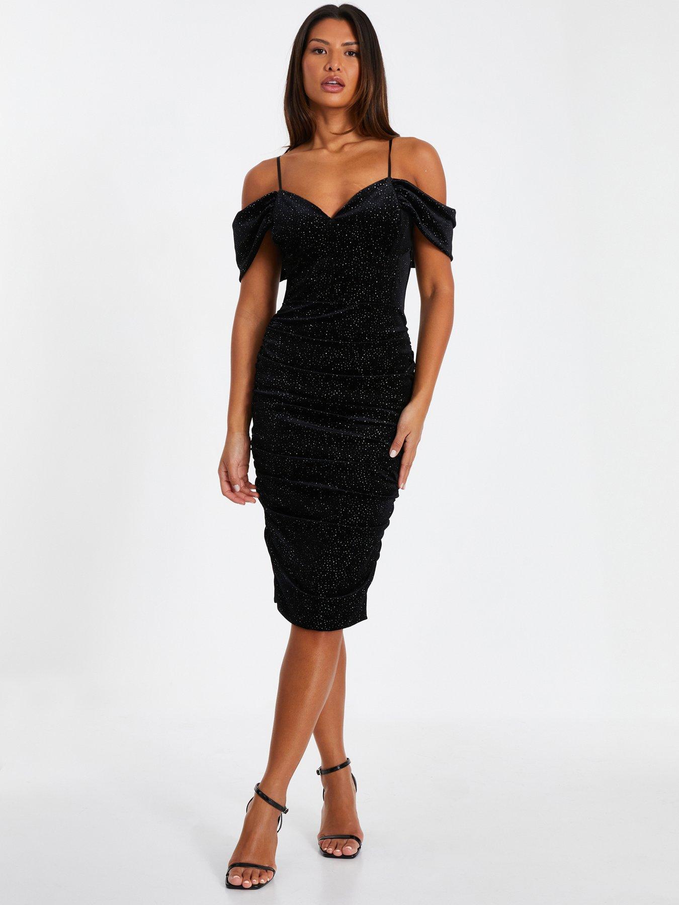 Quiz Black Velvet Glitter Cold Shoulder Midi Dress Very