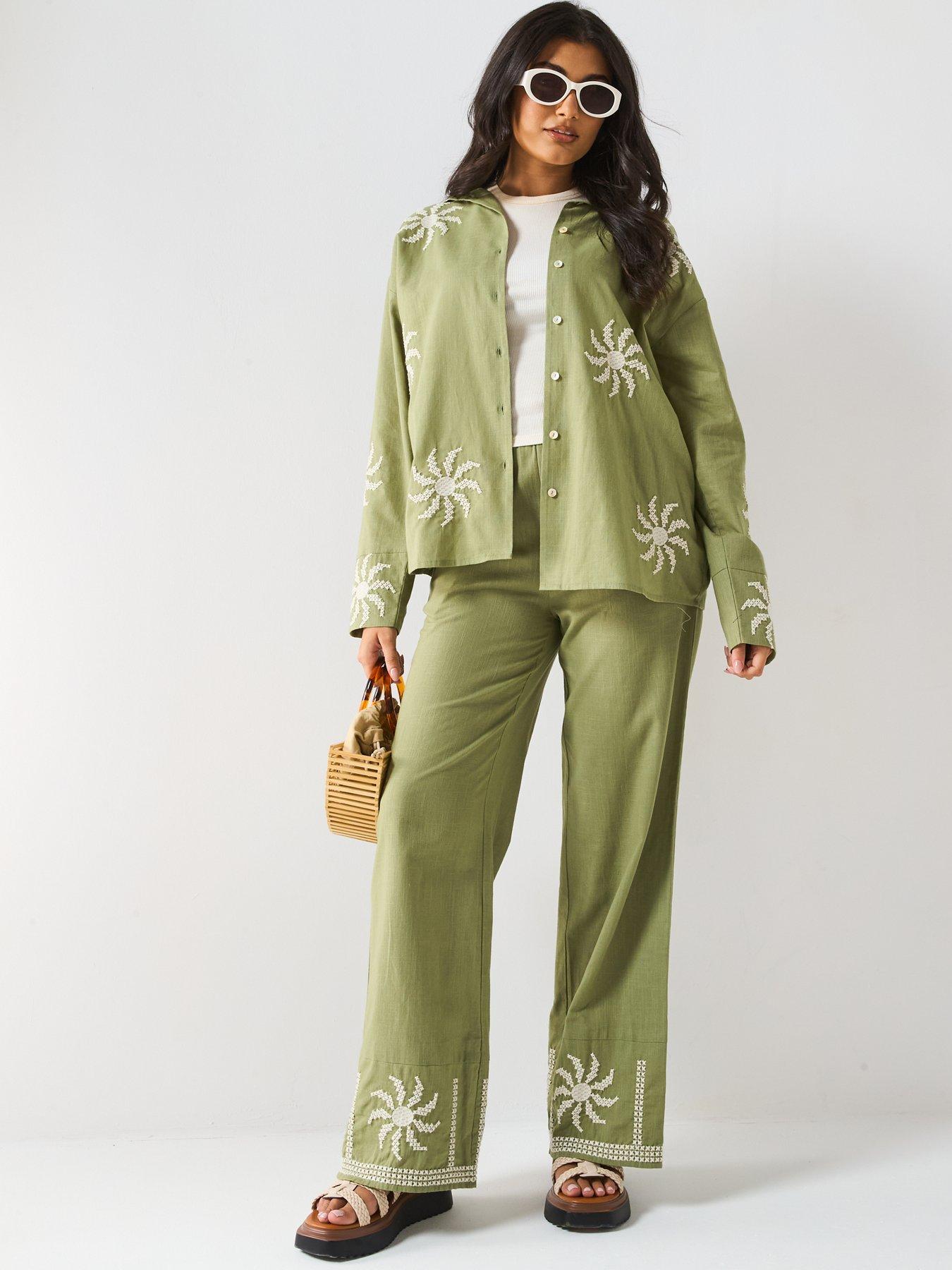 Image 3 of 6 of V by Very Sun Embroidered Trouser Co-Ord - Green