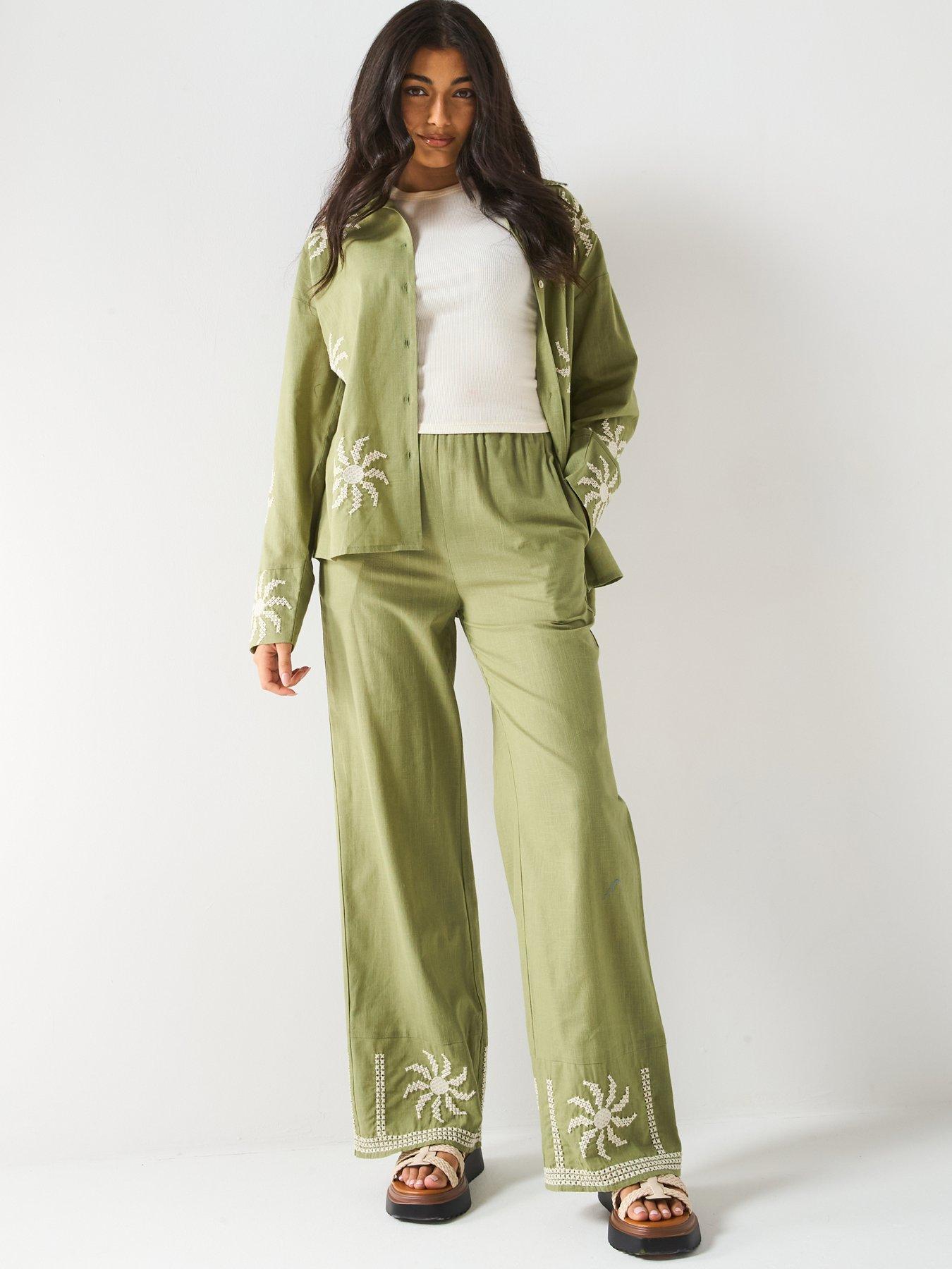 Image 4 of 6 of V by Very Sun Embroidered Trouser Co-Ord - Green