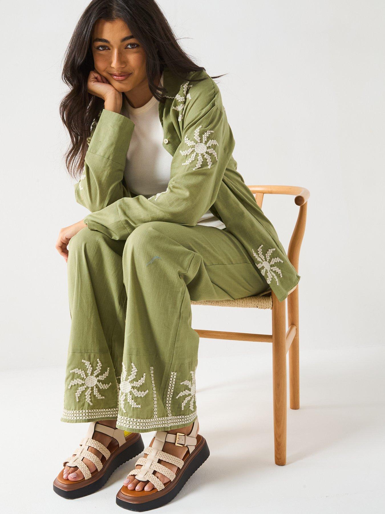 Image 6 of 6 of V by Very Sun Embroidered Trouser Co-Ord - Green