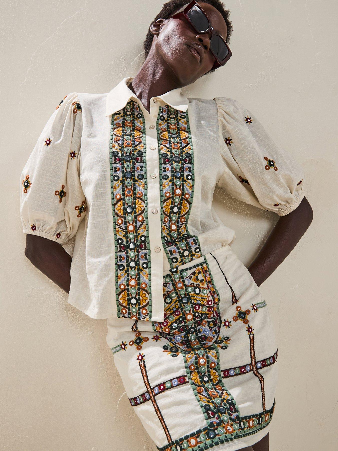 undefined Embellished Panel Short Sleeve Blouse Co-Ord - Cream