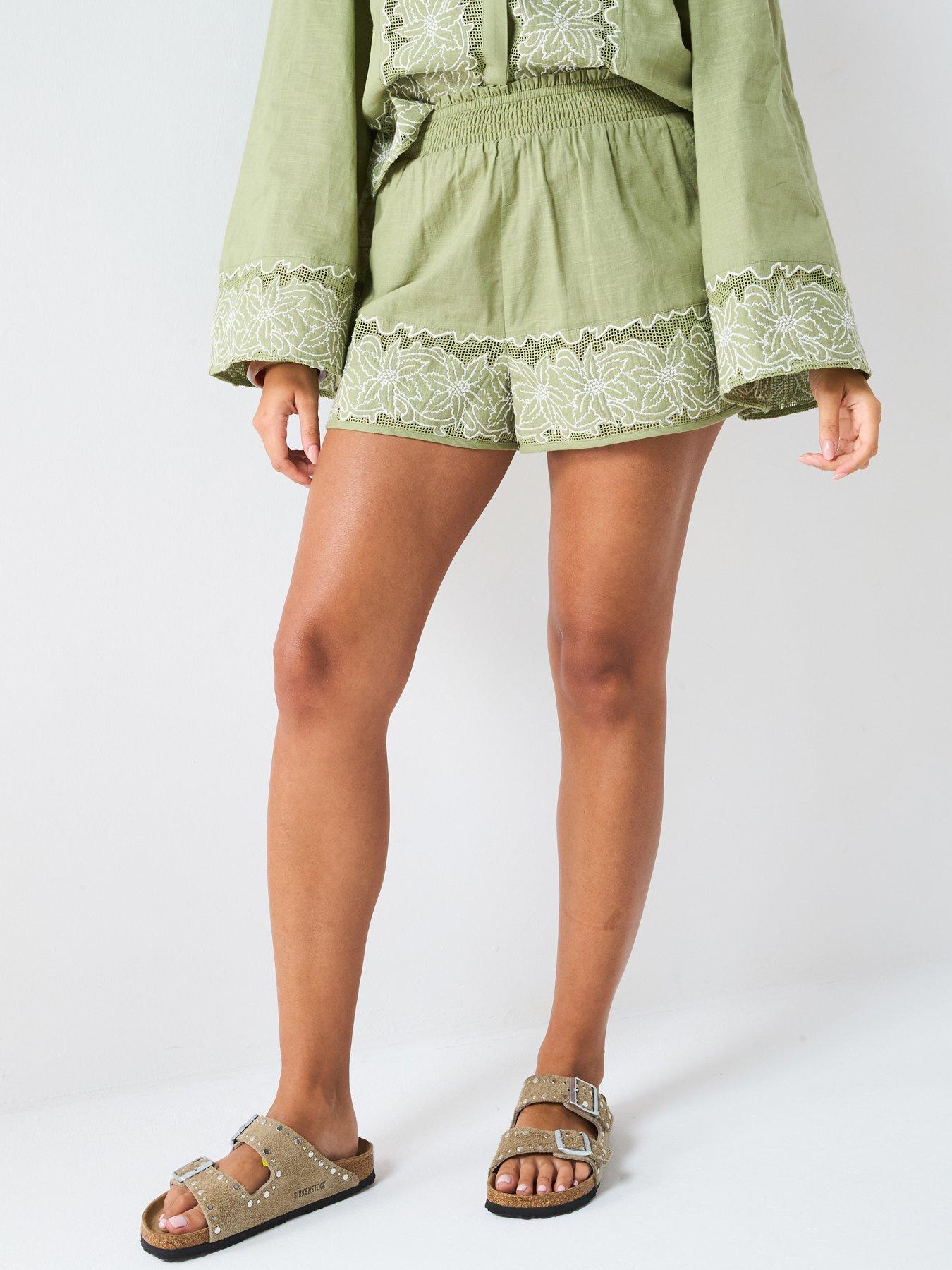 V by Very Embroidered Panel Shorts - Green