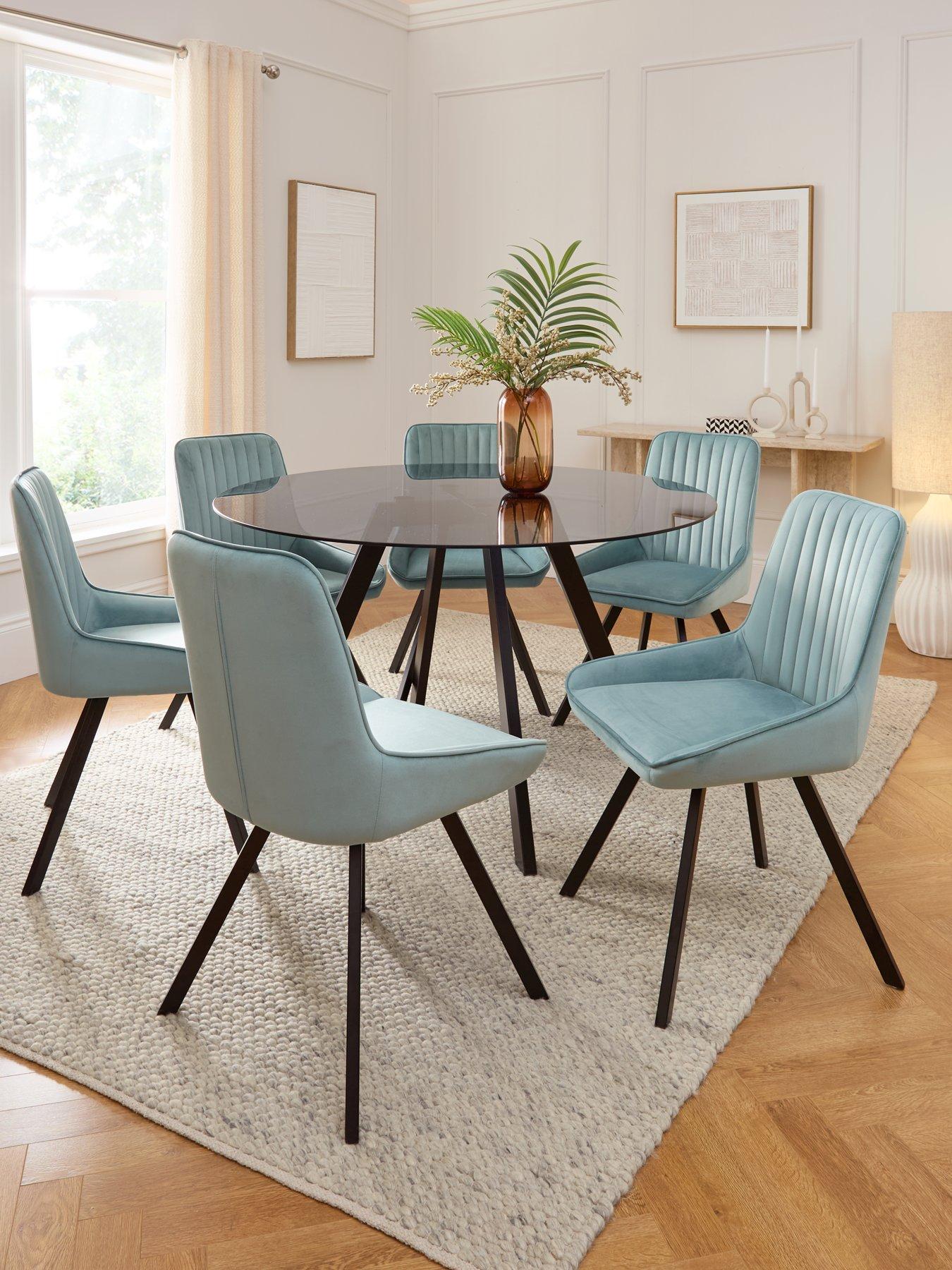 Image of Very Home Marlow 130 cm Black Round Dining Table + 6 Marlow Dusty Blue Chairs