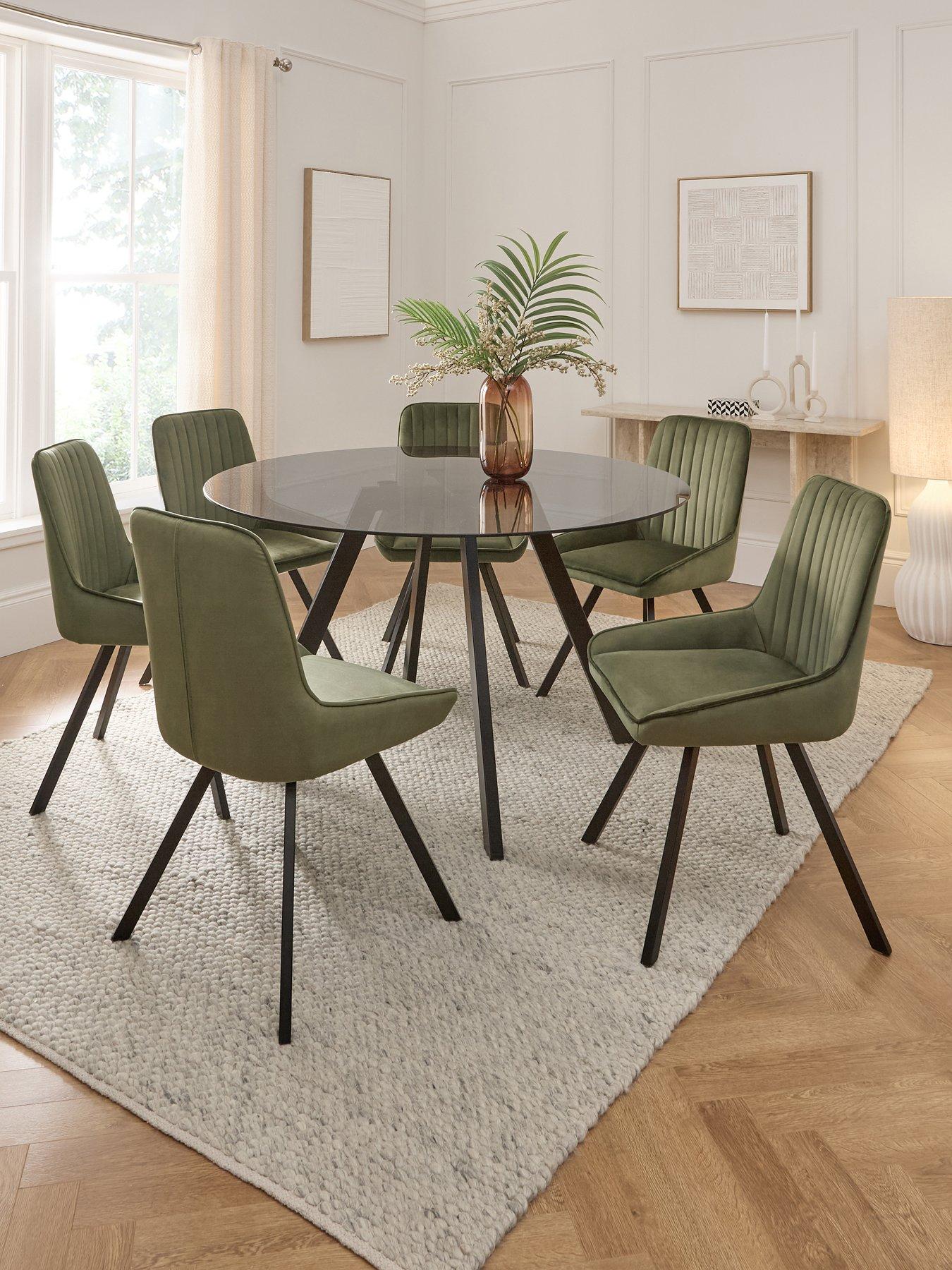 The Very Collection Marlow 130 cm Black Round Dining Table + 6 Marlow Moss Green Chairs