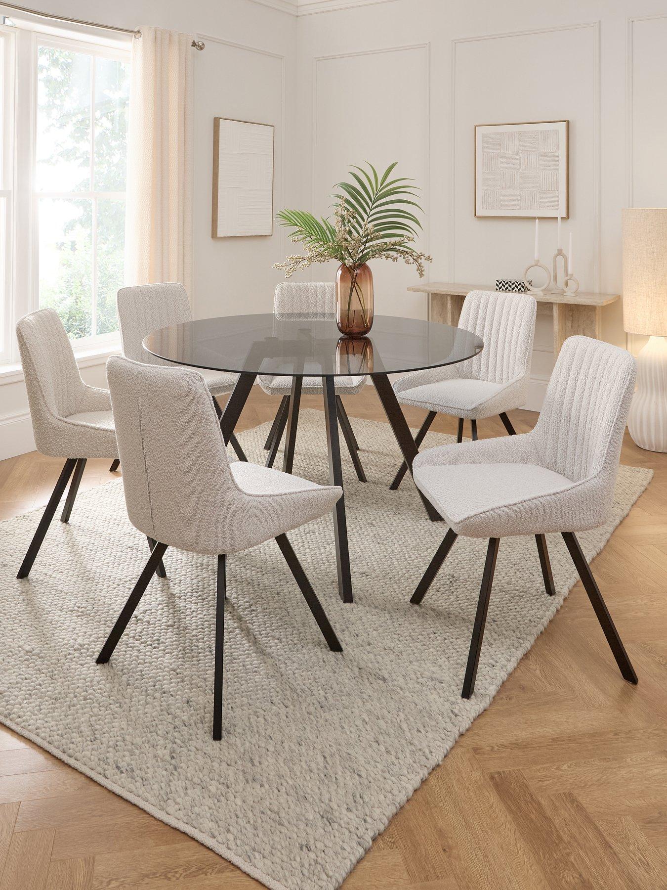 The Very Collection Marlow 130 cm Black Round Dining Table + 6 Marlow Boucle Chairs