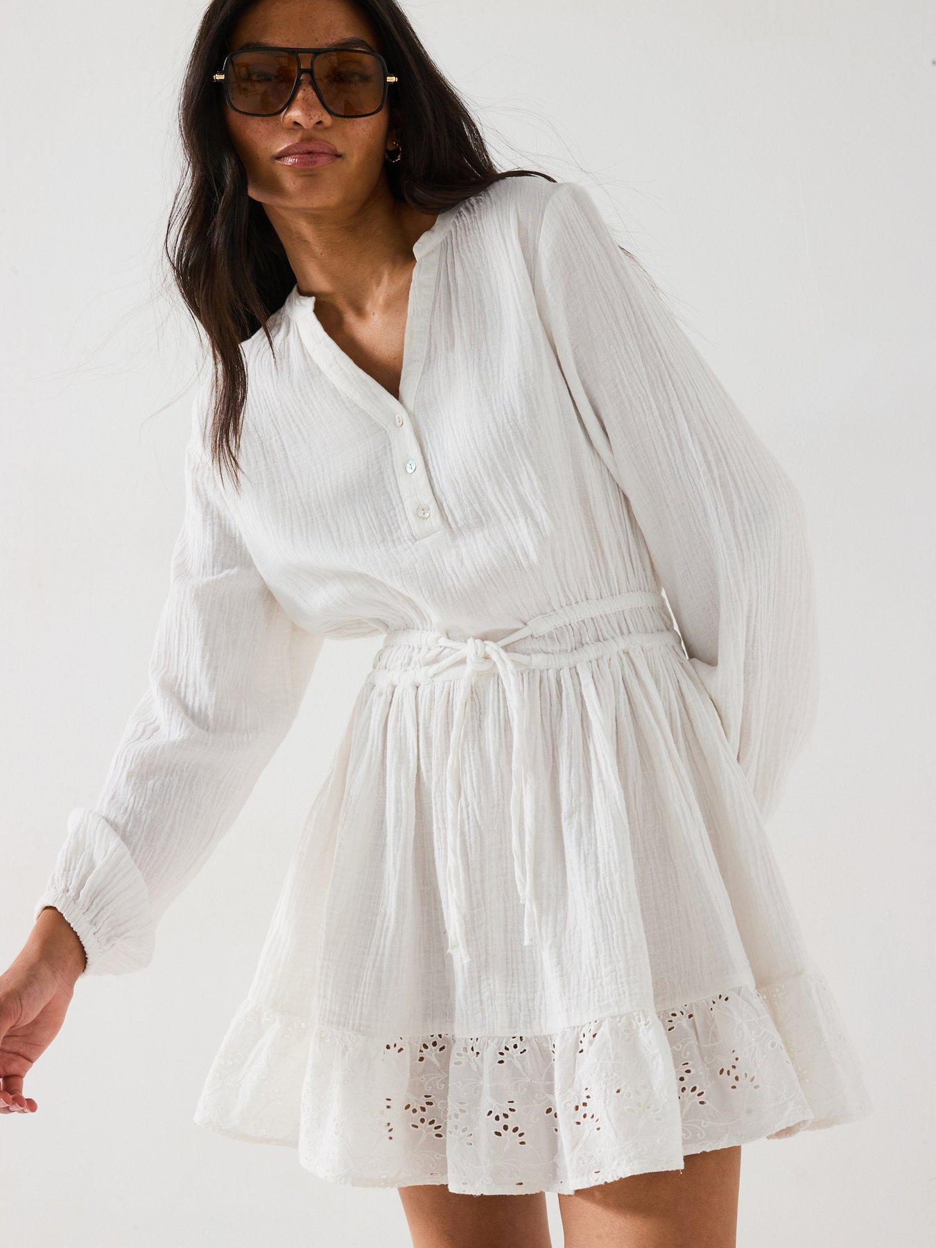 undefined Broderie Frill Hem Mini Dress - White