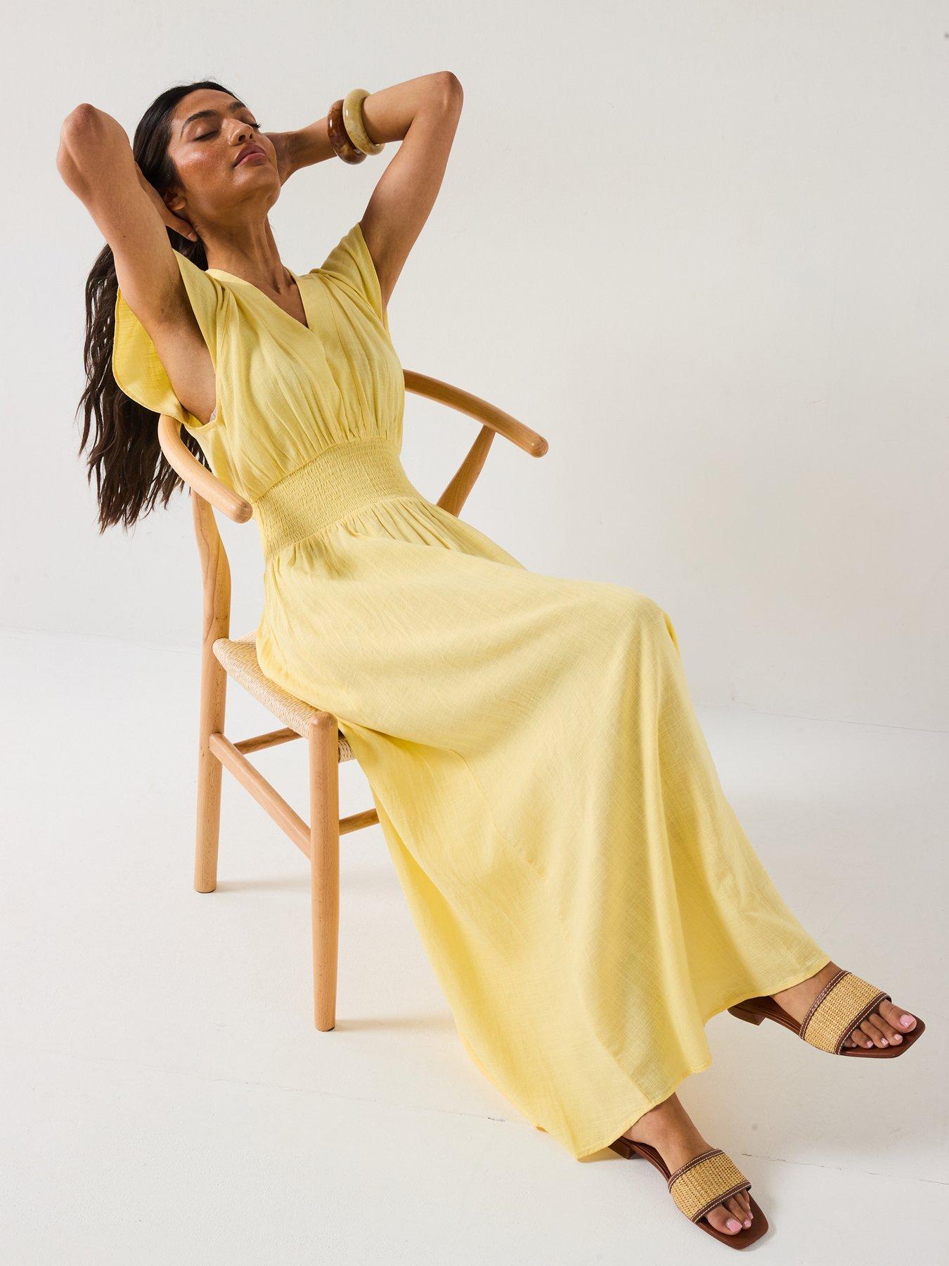 Image 4 of 6 of V by Very Shirred Waist Cotton Maxi Dress - Yellow