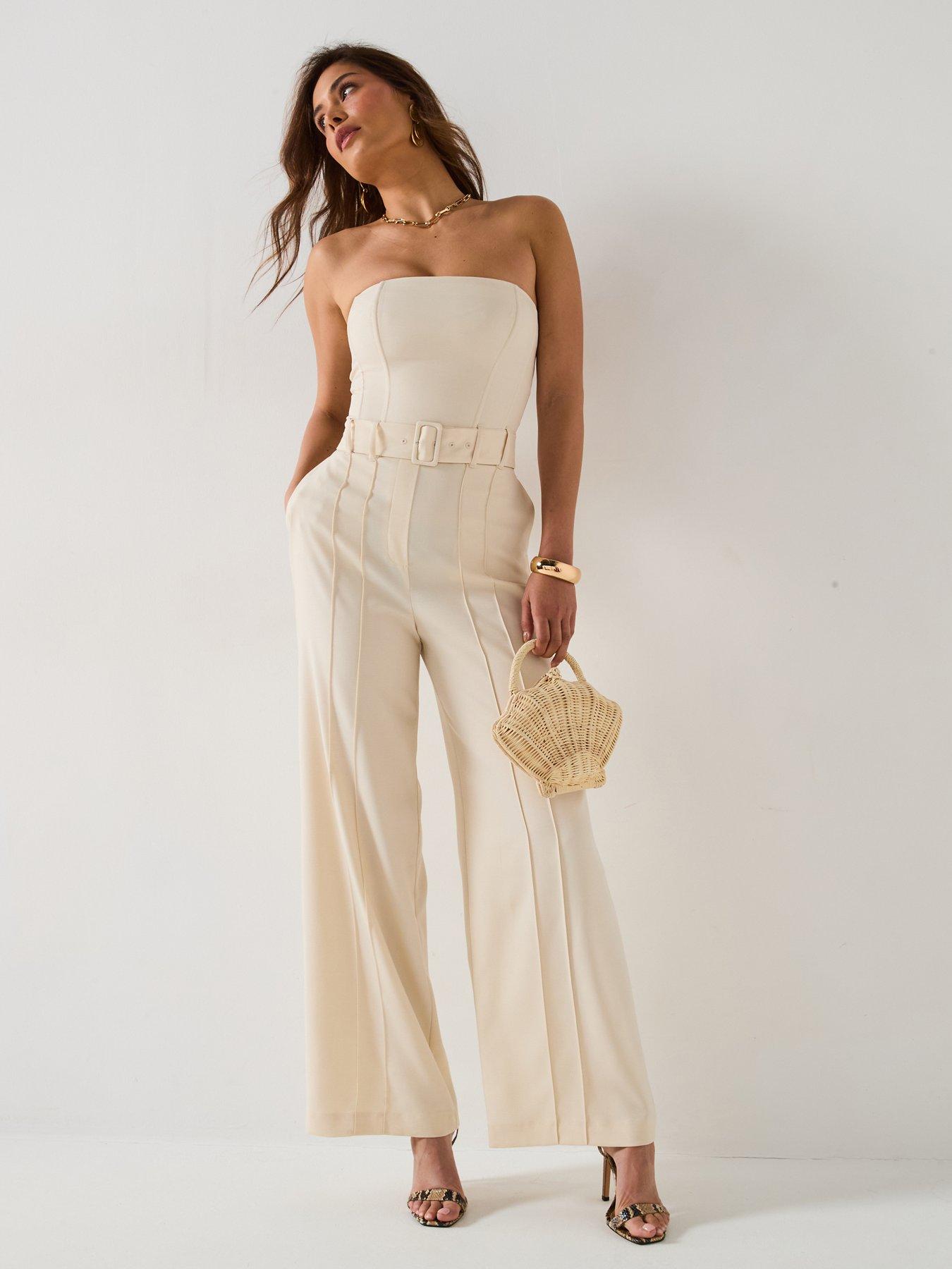 Image 1 of 6 of V by Very Strapless Belted Jumpsuit - Cream