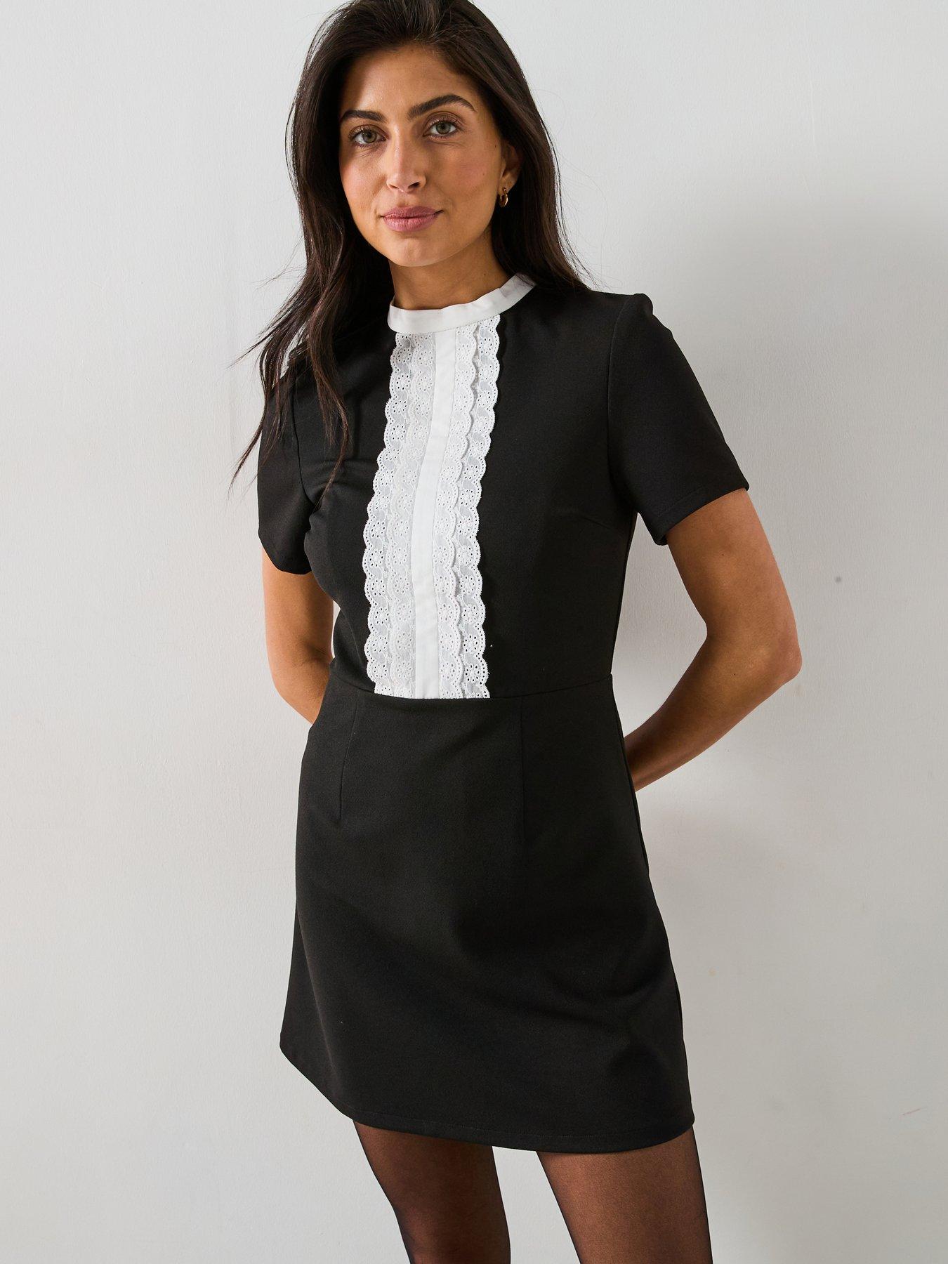 undefined Mono Ruffle Placket Mini Dress - Black