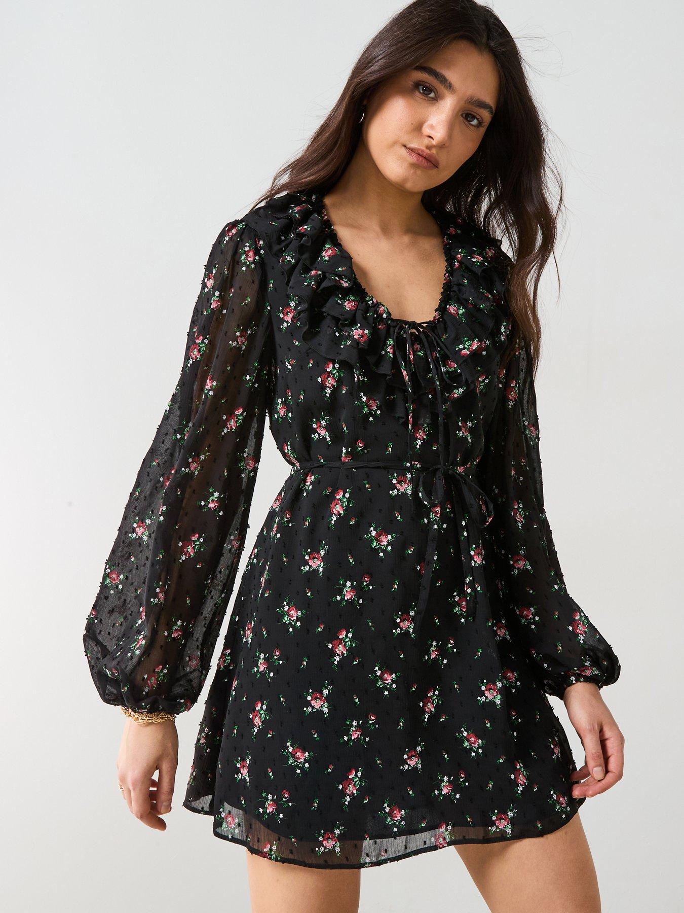 Image of V by Very Floral Printed Dobby Mini Dress - Black