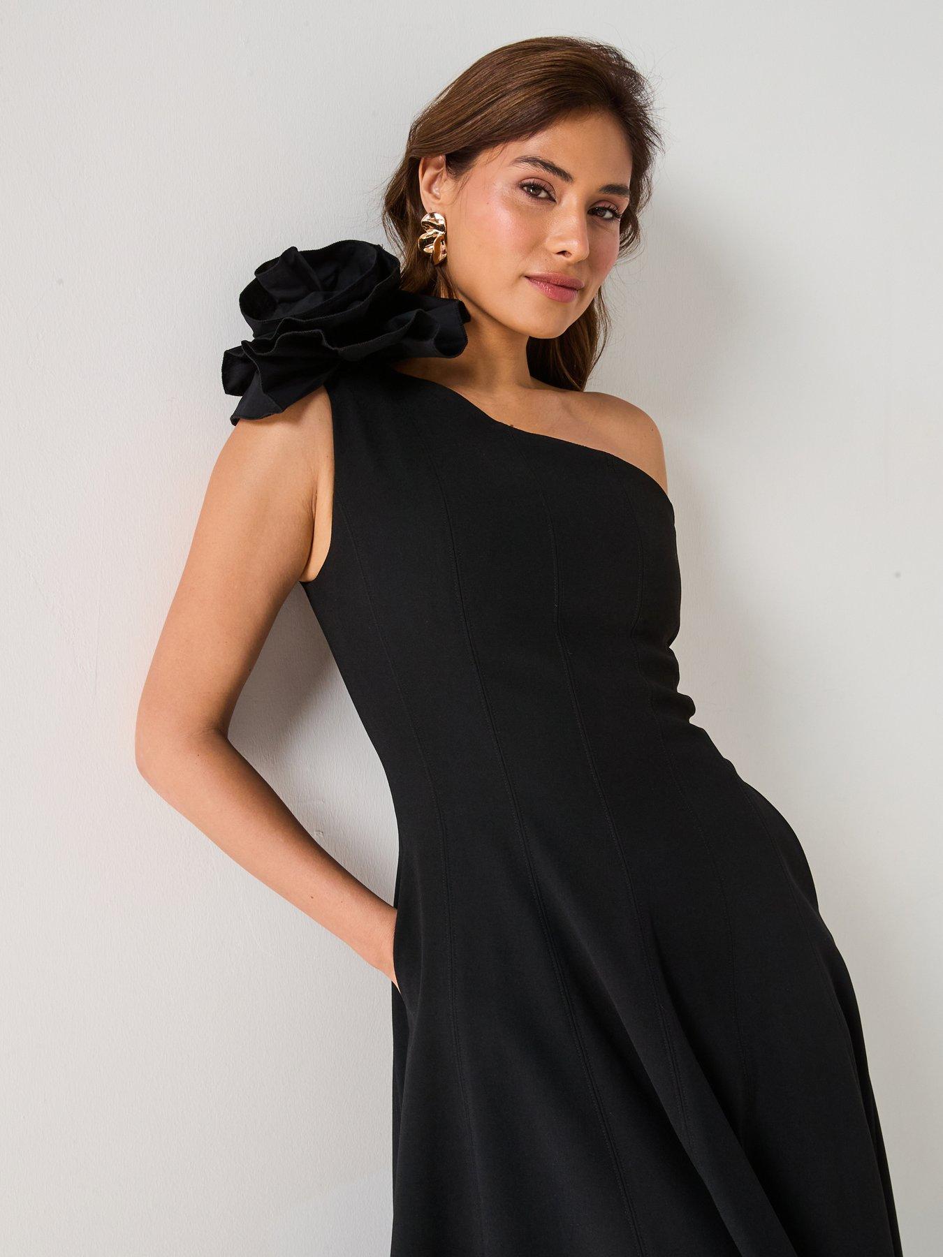 undefined One Shoulder Corsage Midaxi Dress - Black