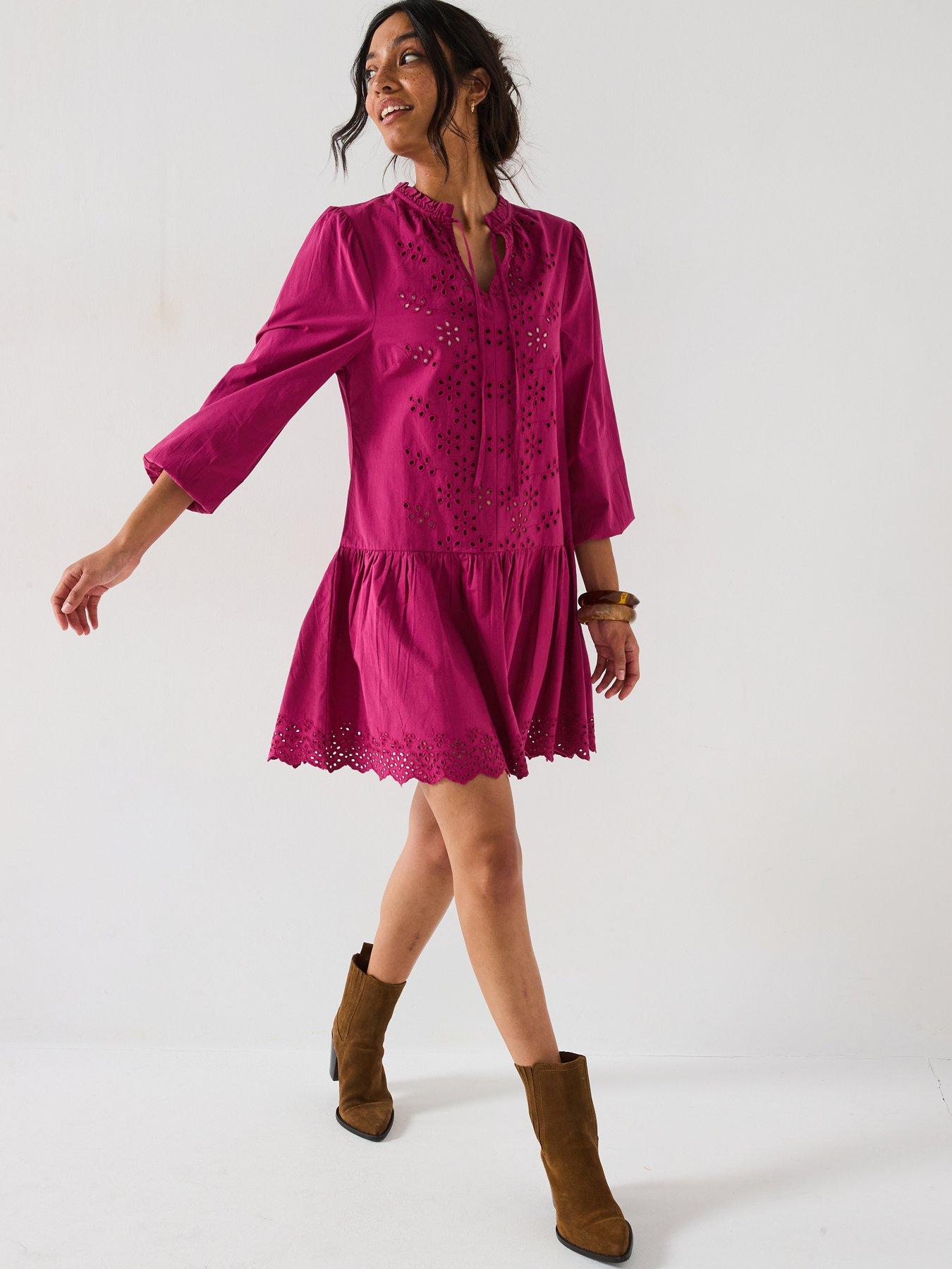 undefined Tie Neck Broderie Mini Dress - Burgundy Red