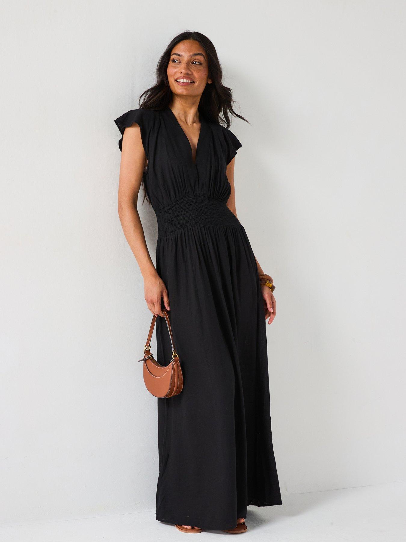 undefined Shirred Waist Cotton Maxi Dress - Black