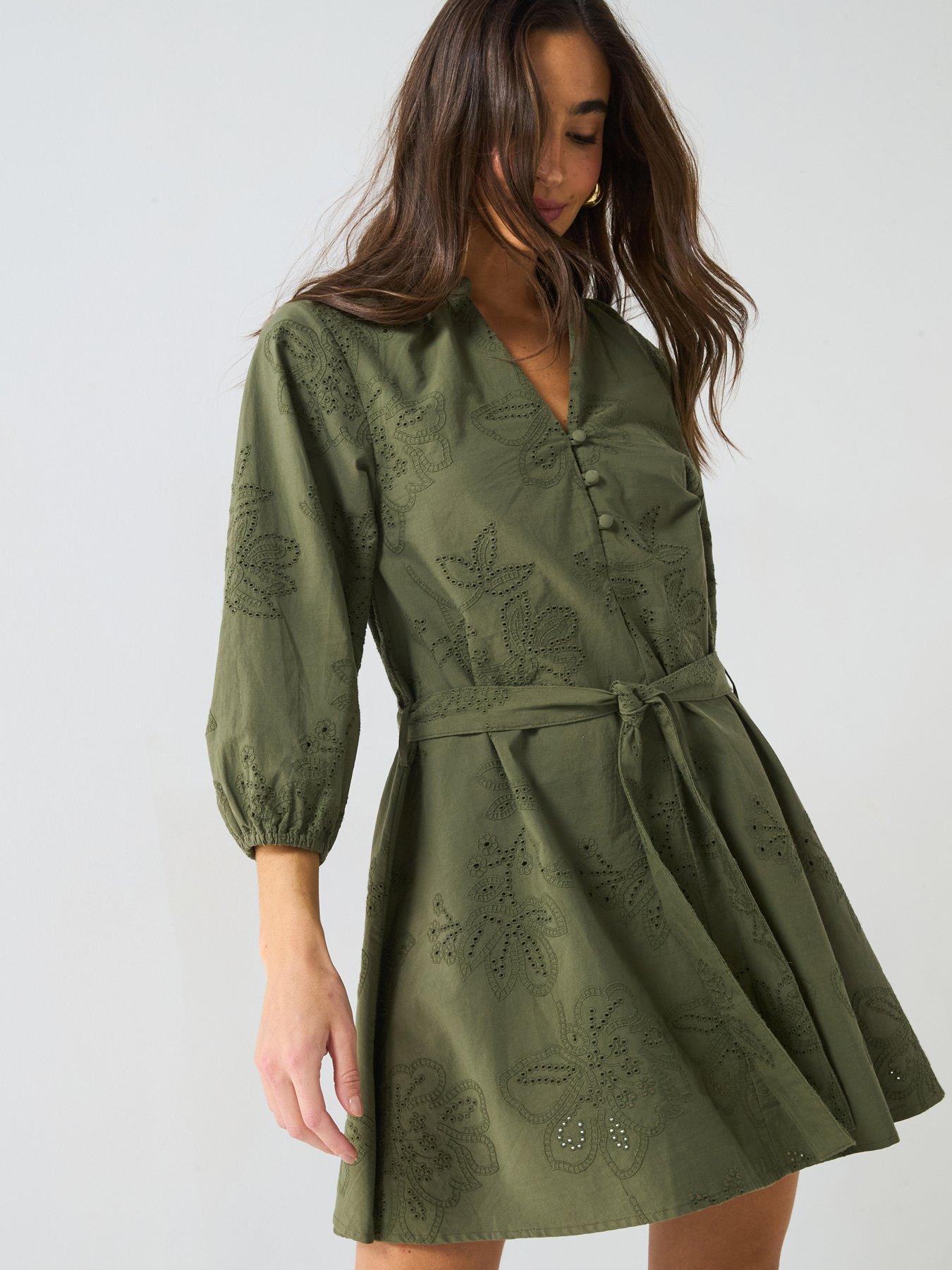 undefined Broderie Mini Dress Olive - Khaki