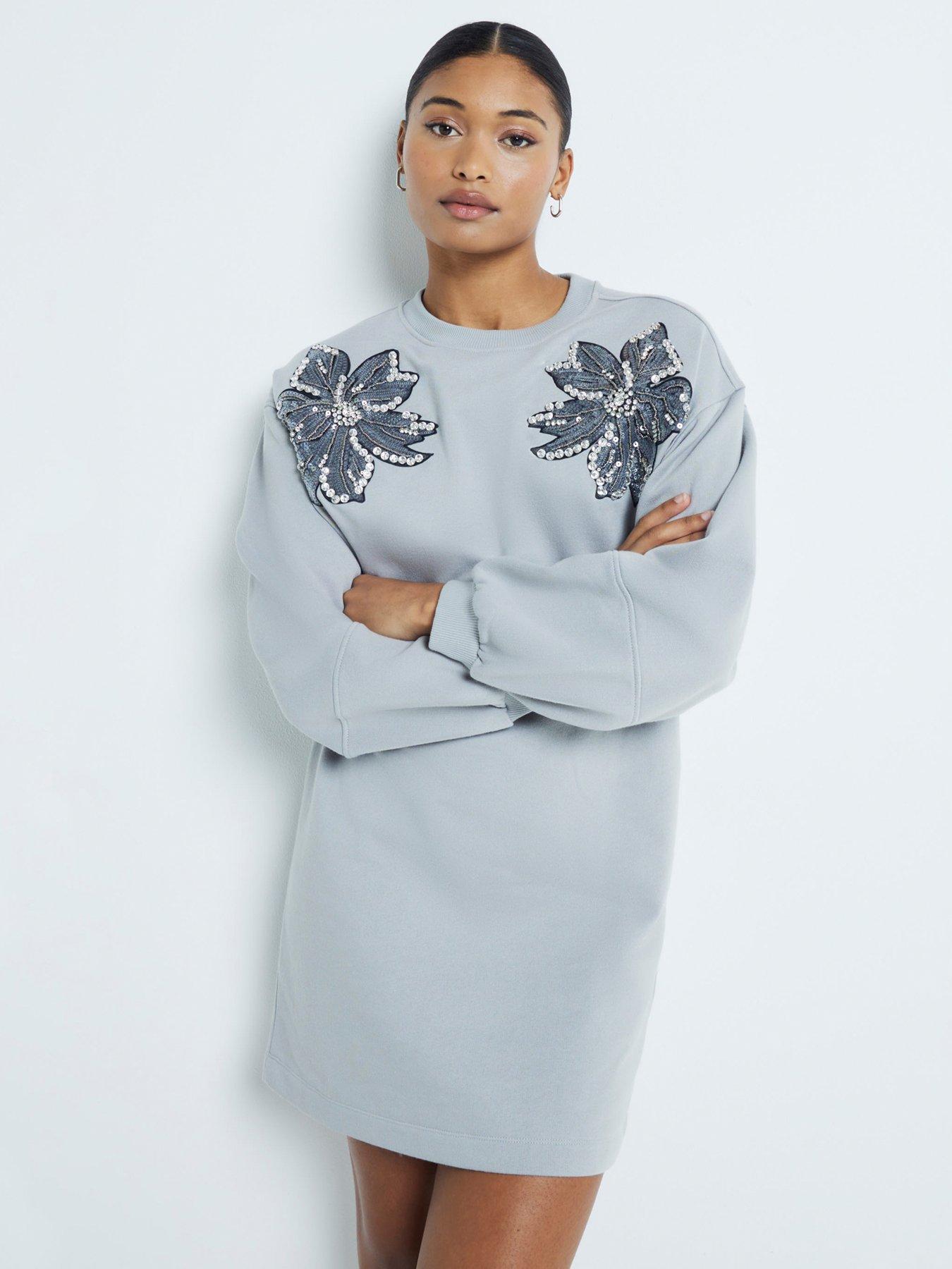 undefined Sequin Flower Sweater Dress - Light Grey