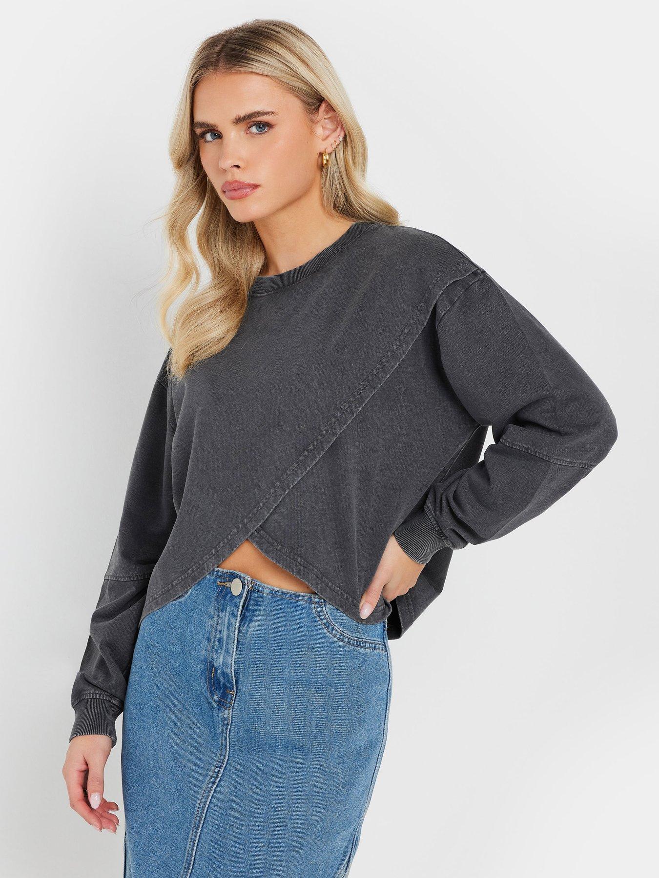 undefined Petite Acid Wash Cross Over Sweat - Grey