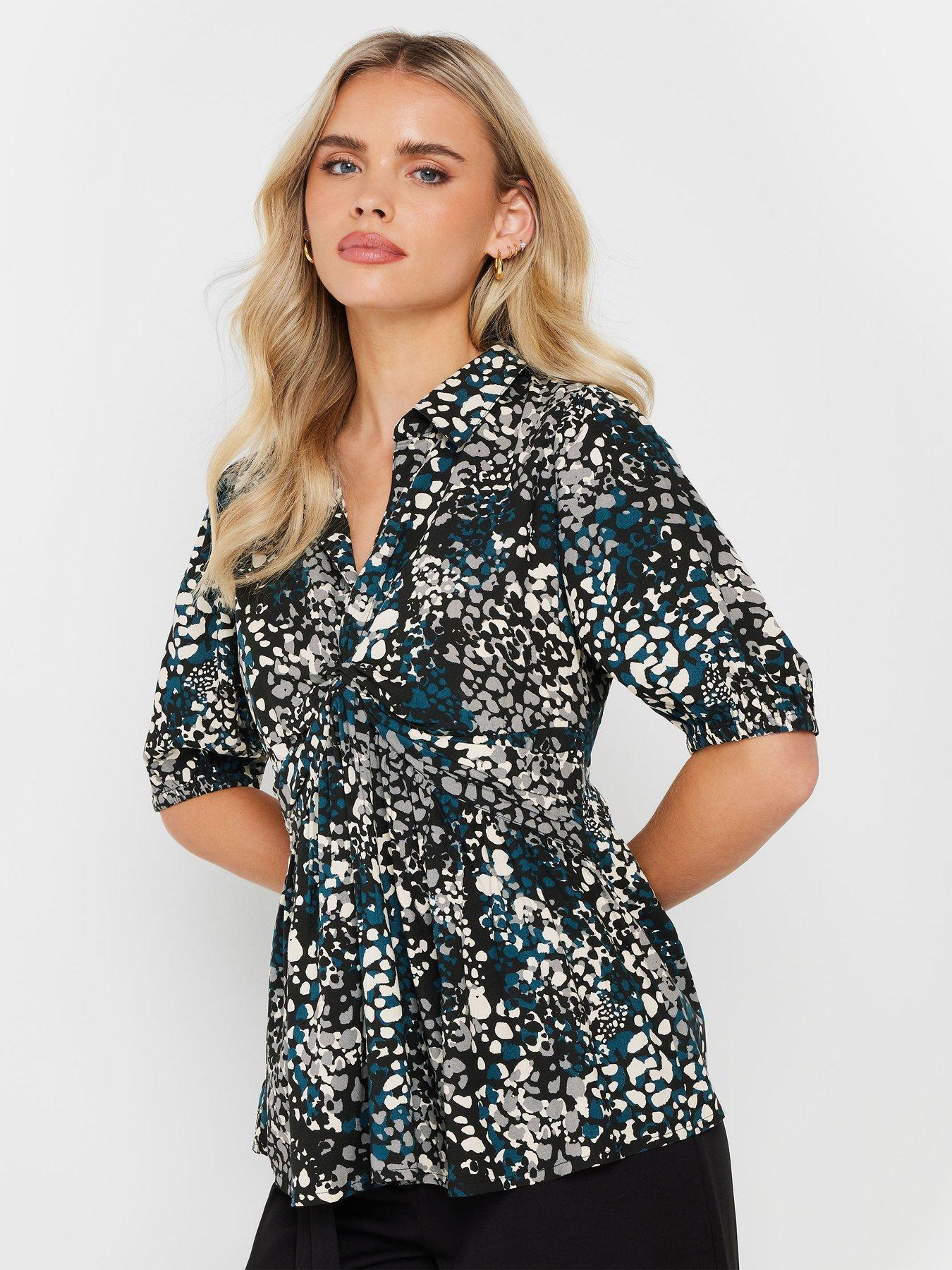 undefined Petite Animal Twist Front Collar Top - Blue