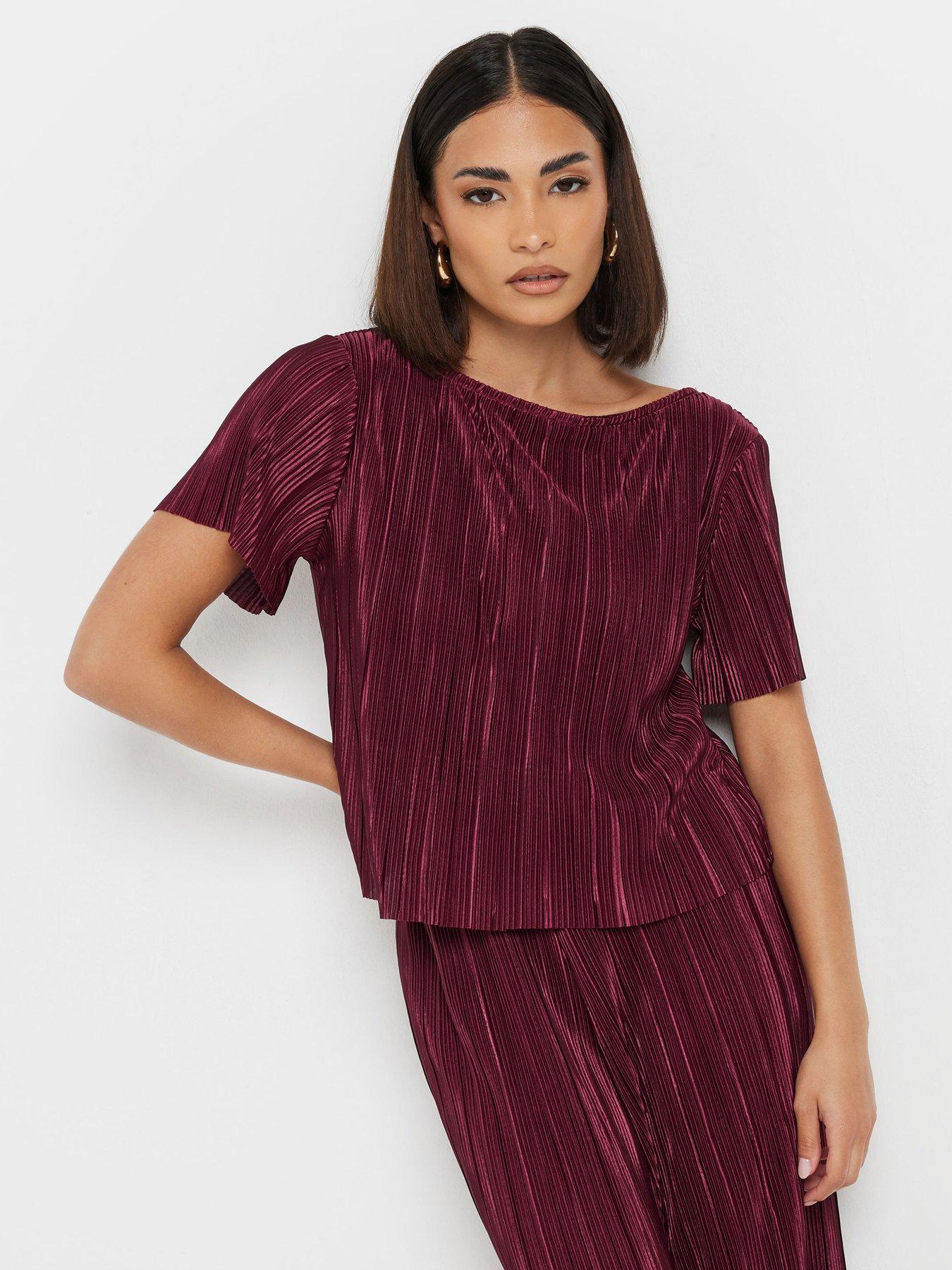 undefined Petite Short Sleeve Plisse Top - Red