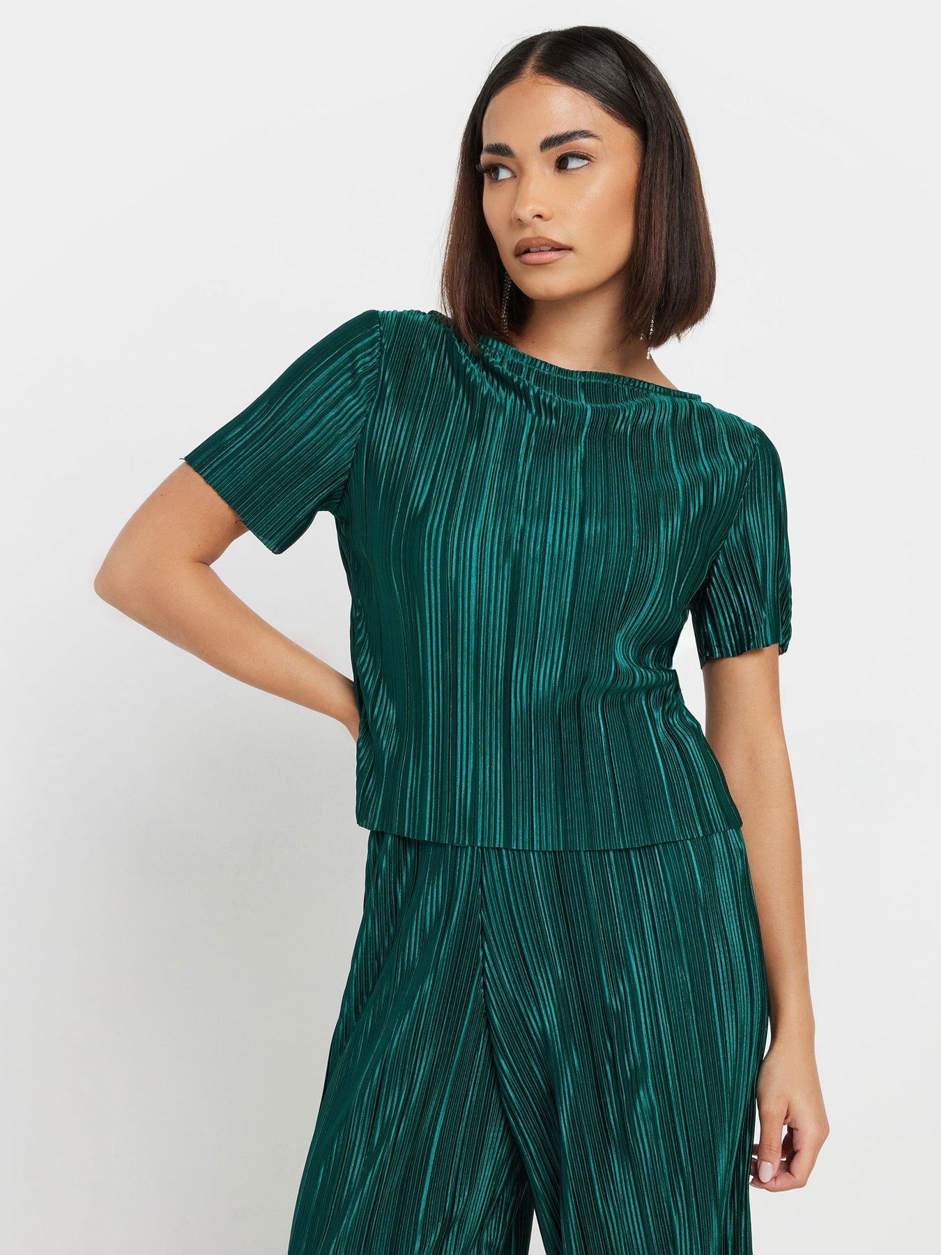 Image 1 of 4 of PixieGirl Petite Short Sleeve Plisse Top - Green