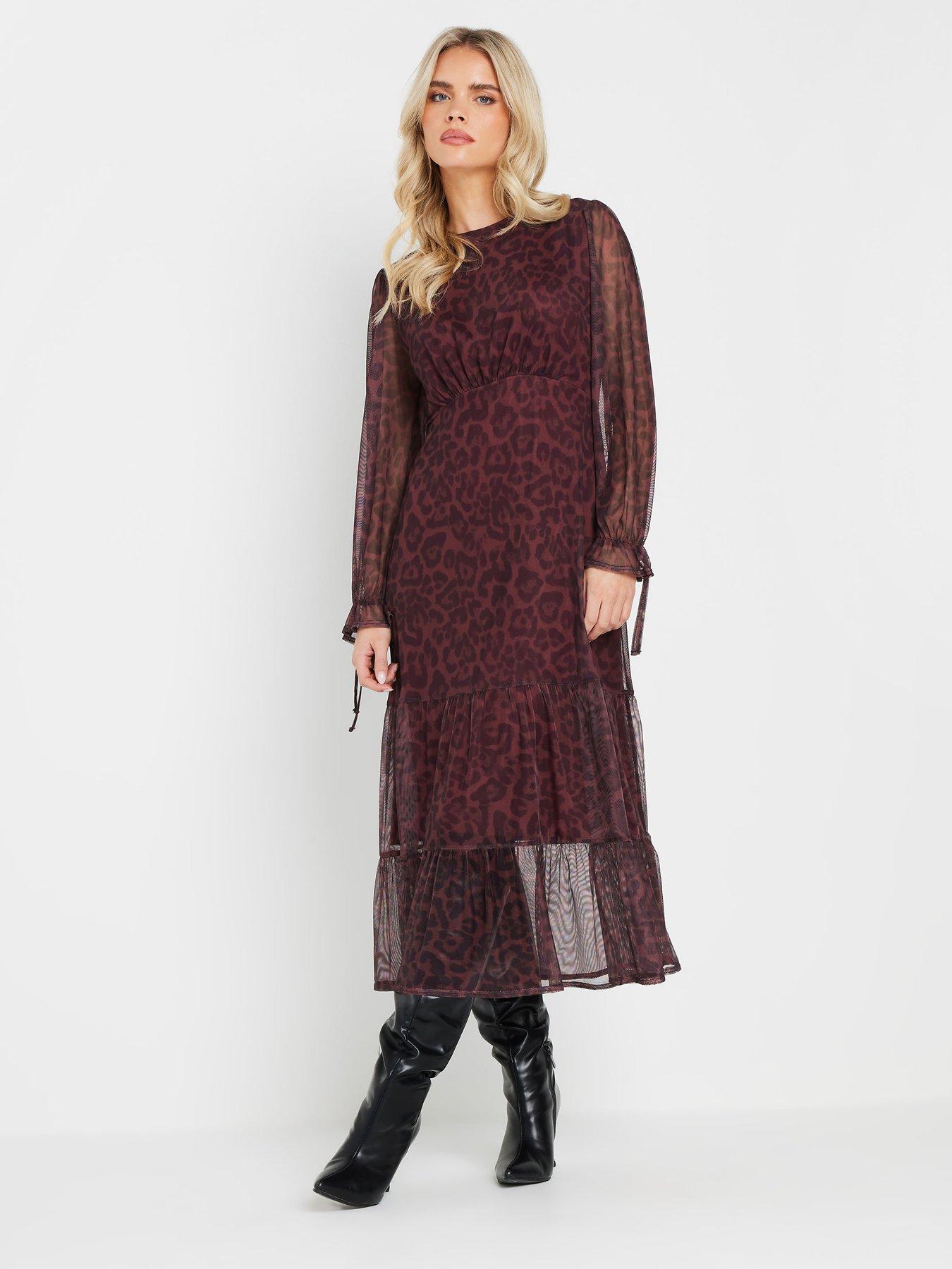 undefined Petite Leopard Long Sleeve Mesh Midi Dress - Red