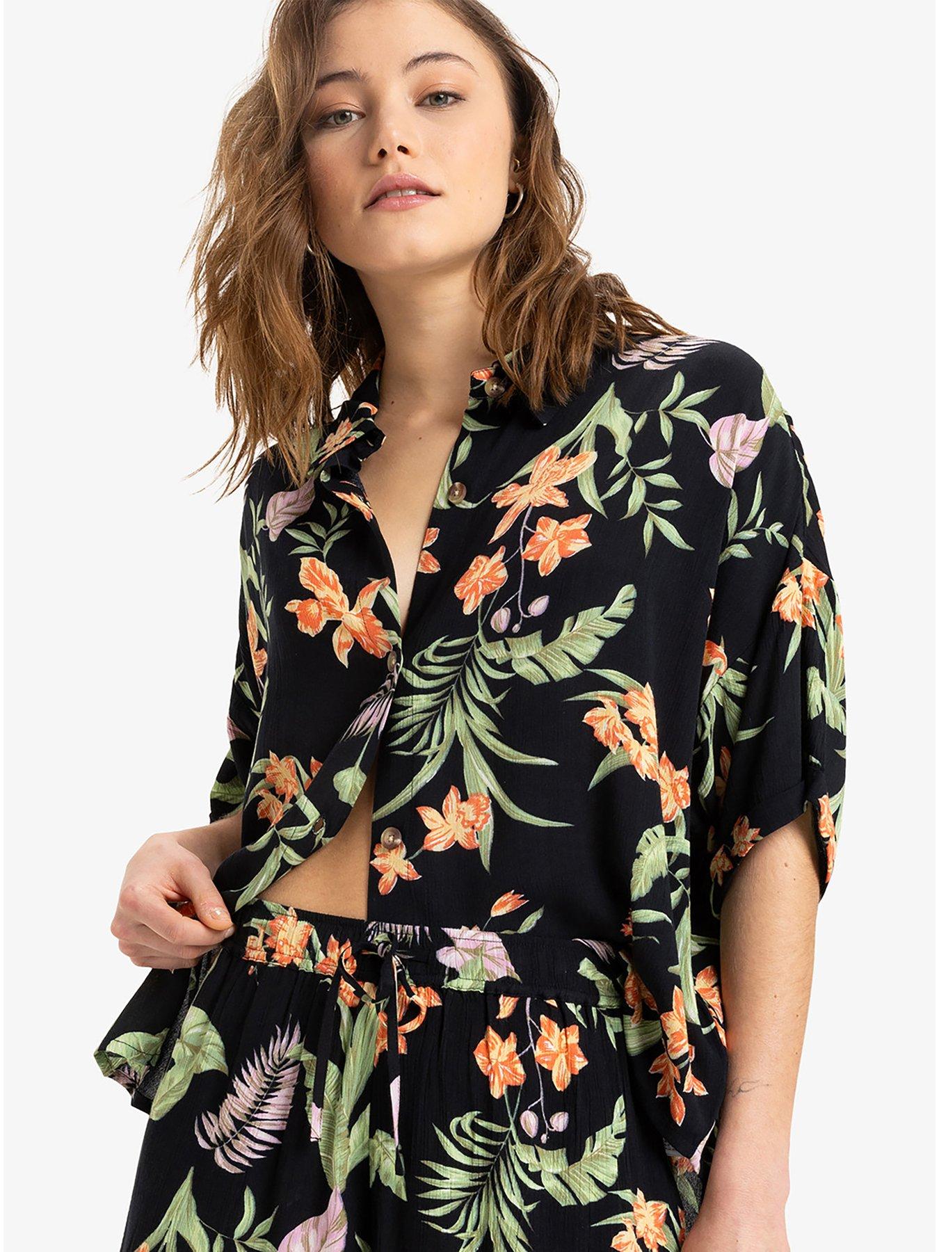 Roxy Womens Beach Nostalgia Crinkle Short Sleeve Top - Black