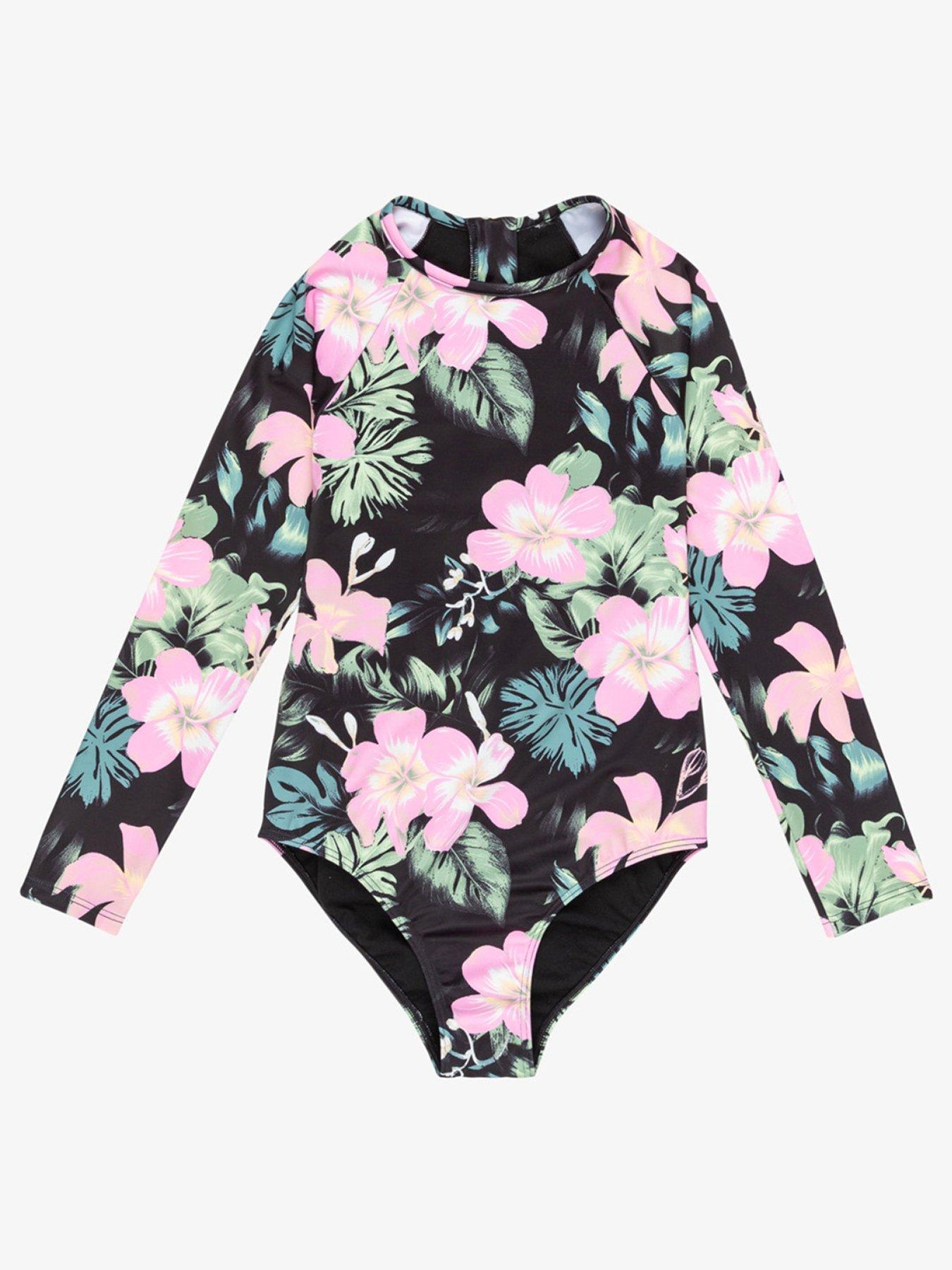 Roxy Girls Shadow Floral All-In-One Rashguard Swimsuit - Black